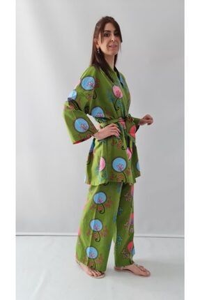 Kadın Yeşil Desenli Kimono Takım 98017