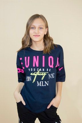 Kız Çocuk Lacivert Beunique Yazılı Oversize T-shirt 8416