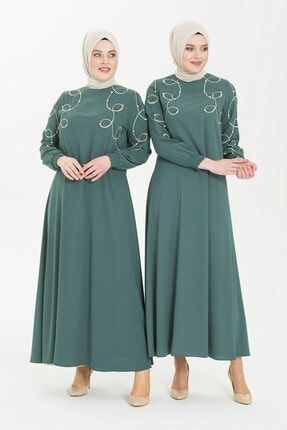 Kadın Mint Yeşili Nakış Ve İnci Detaylı Mint Tesettür Elbise 5241 T21EL3M5241