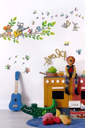 Ağaçlı Müzik Orkestrası ve Gitar Çalan Kedi Çocuk Odası Duvar Sticker CS-918