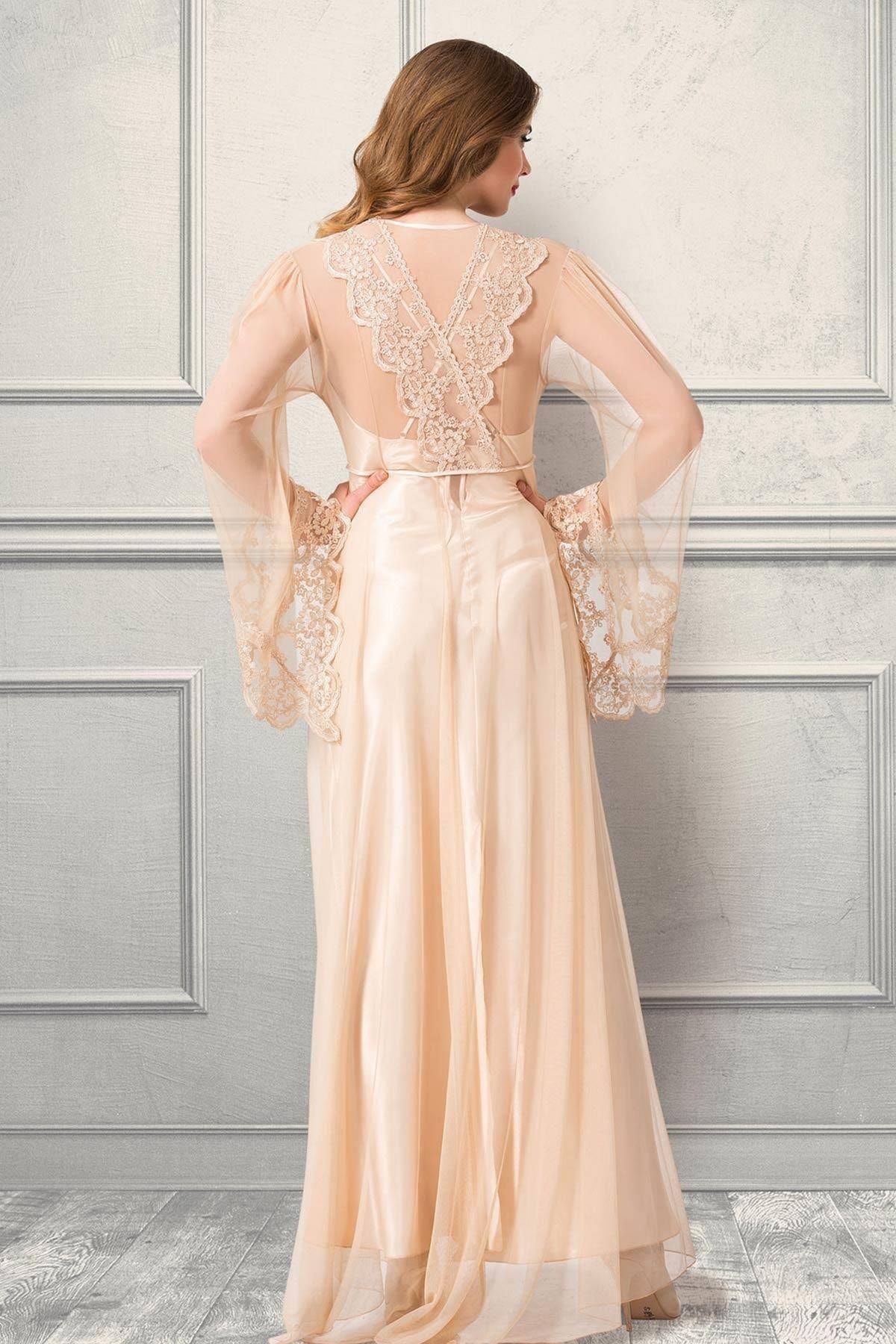 For Dreams Kadın Ekru Fransız Dantel Sabahlık Ve Santen Gecelik Takım Juliet ZO10113