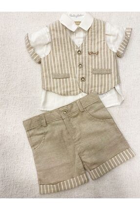 Erkek Bebek Yelekli Takım Elbise Şort Gömlek Set 4 Parça %100 Pamuk pb11447