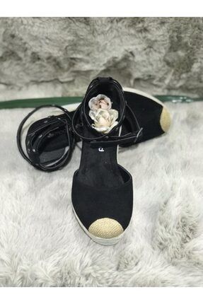 Kadın Siyah Bilekten Bağlı Mantar Taban Dolgu Topuk Ayakkabı 124