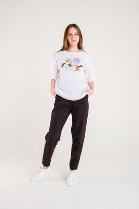 Kadın Beyaz Baskılı Oversize T-shirt SL-03392