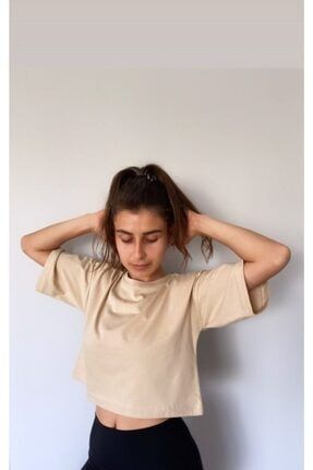 Kadın Bej Organik Pamuklu Crop T-shirt syhcrp0140