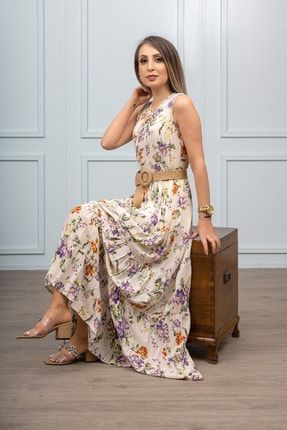 Kadın Bej Çiçekli Sıfır Kol Maxi Elbise VAL101