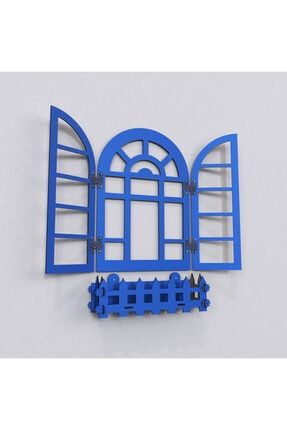 Dekoratif Ahşap Dekor Panjur Pencere Ev Hediyesi (50CM X 46CM) Mavi Panjur Pencere