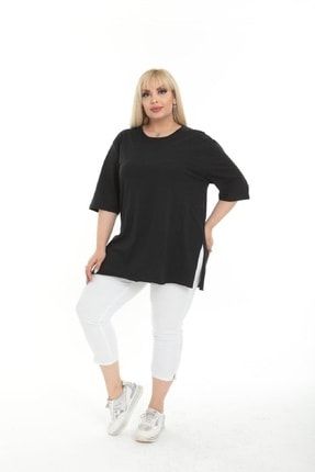 Kadın Siyah Renk Büyük Beden Salaş Model Pamuklu Kumaş Yandan Yırtmaçlı T.shirt gul95