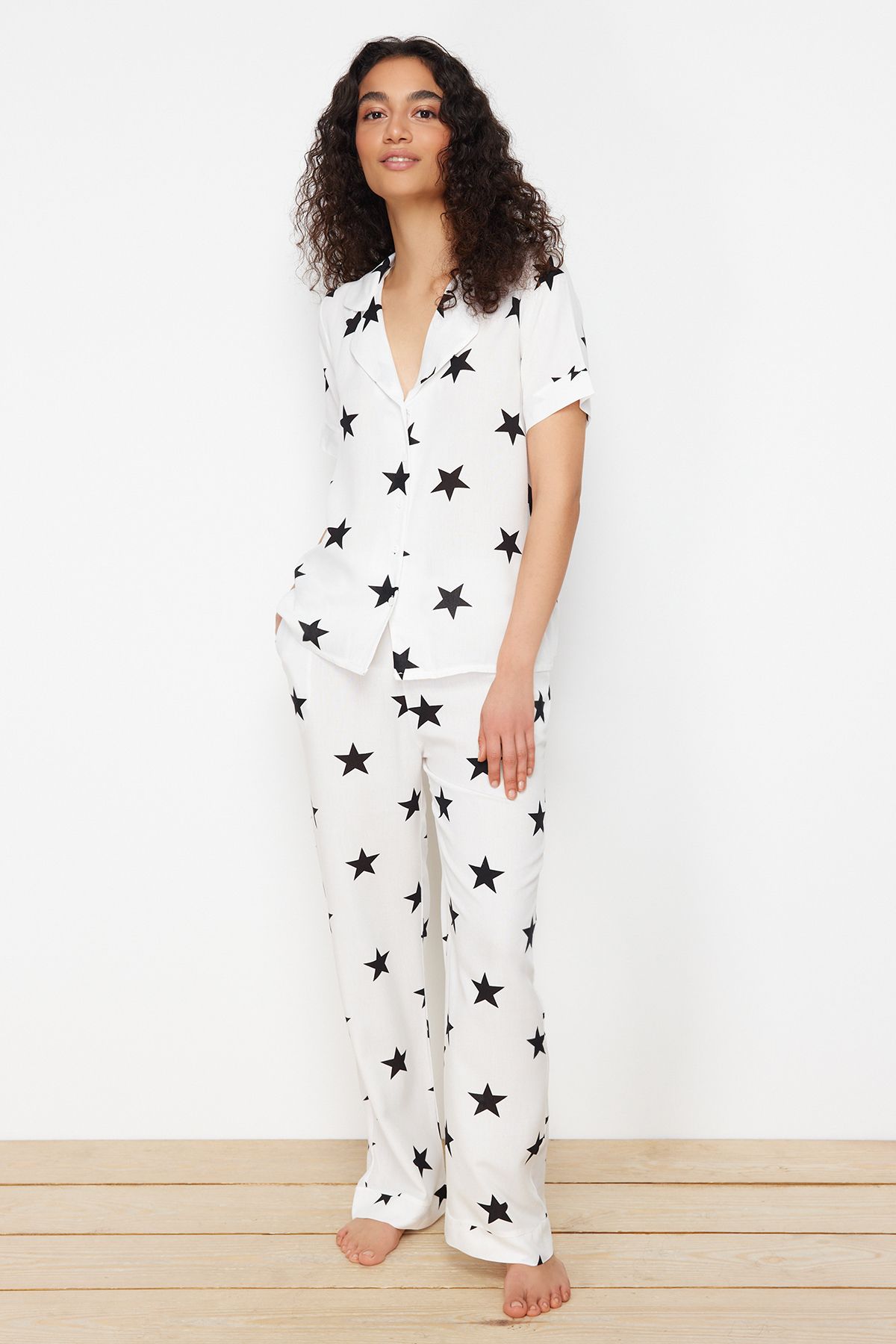 Trendyol Collection-White Star Pattern Viscose Woven Pajamas Set THMSS24PT00293 2