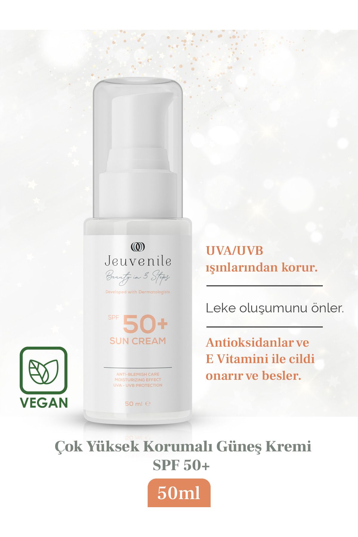 ضد آفتاب SPF 50+ با محافظت بسیار بالا - ضد لک (فیلتر UVA/UVB، آنتی اکسیدان، ویتامین E) Jeuvenile