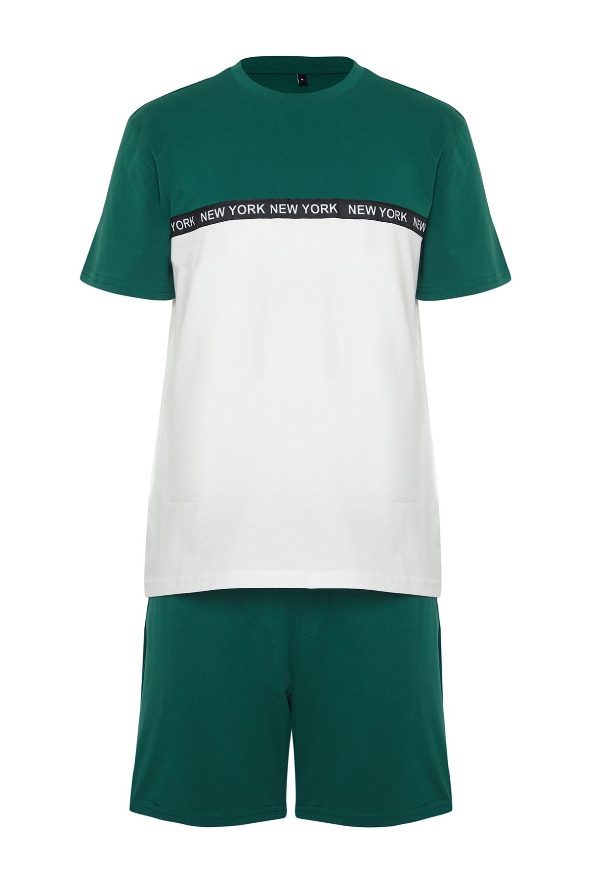 Trendyol Collection-Green Ecru Color Blocked Elastic Waist Regular Fit Knitted Shorts Pajamas Set TMNSS24PT00005 7