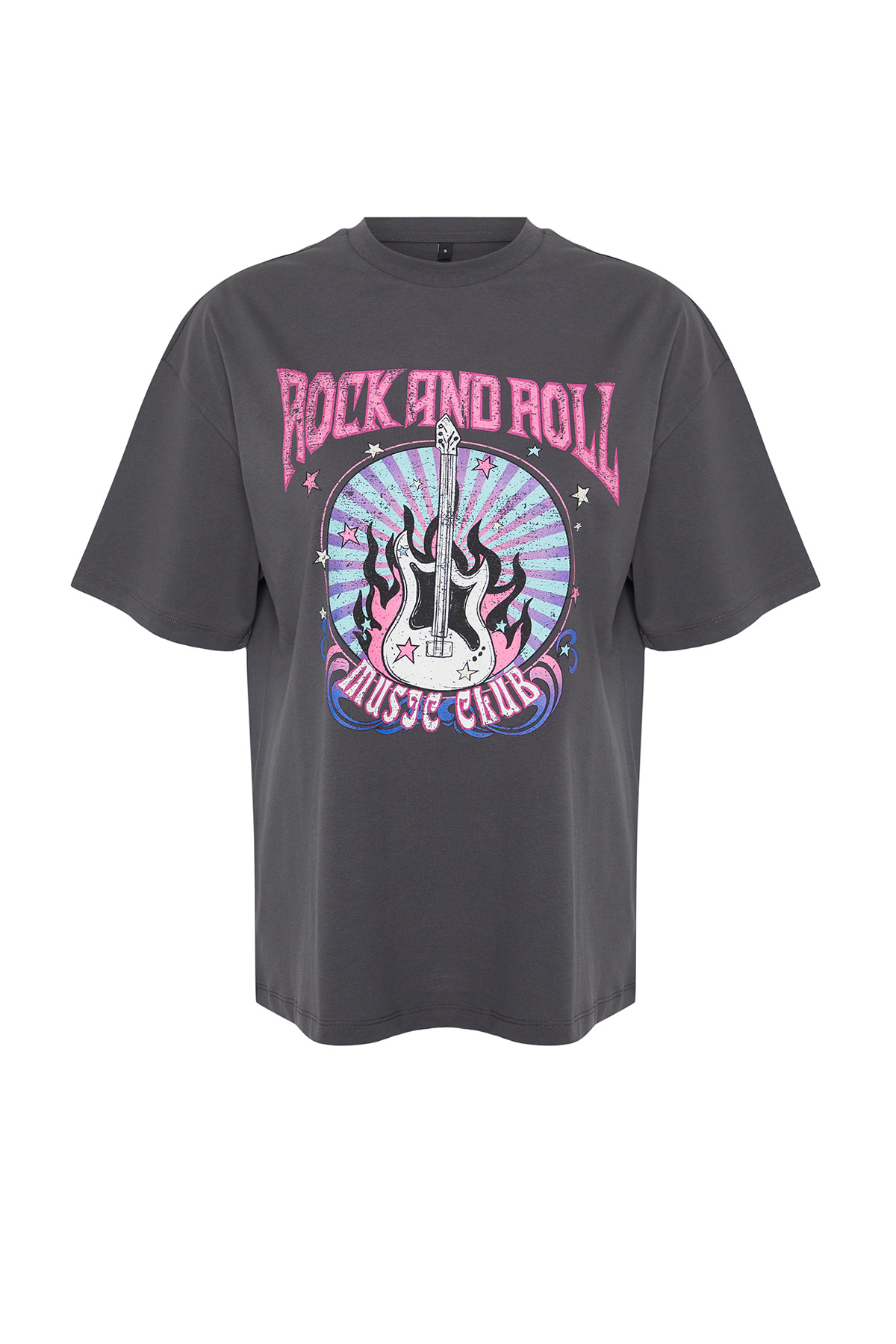 Trendyolmilla  Antrasit %100 Pamuk Baskılı Oversize/Geniş Kalıp Bisiklet Yaka Örme T-Shirt TWOSS24TS00133 - Görsel 7