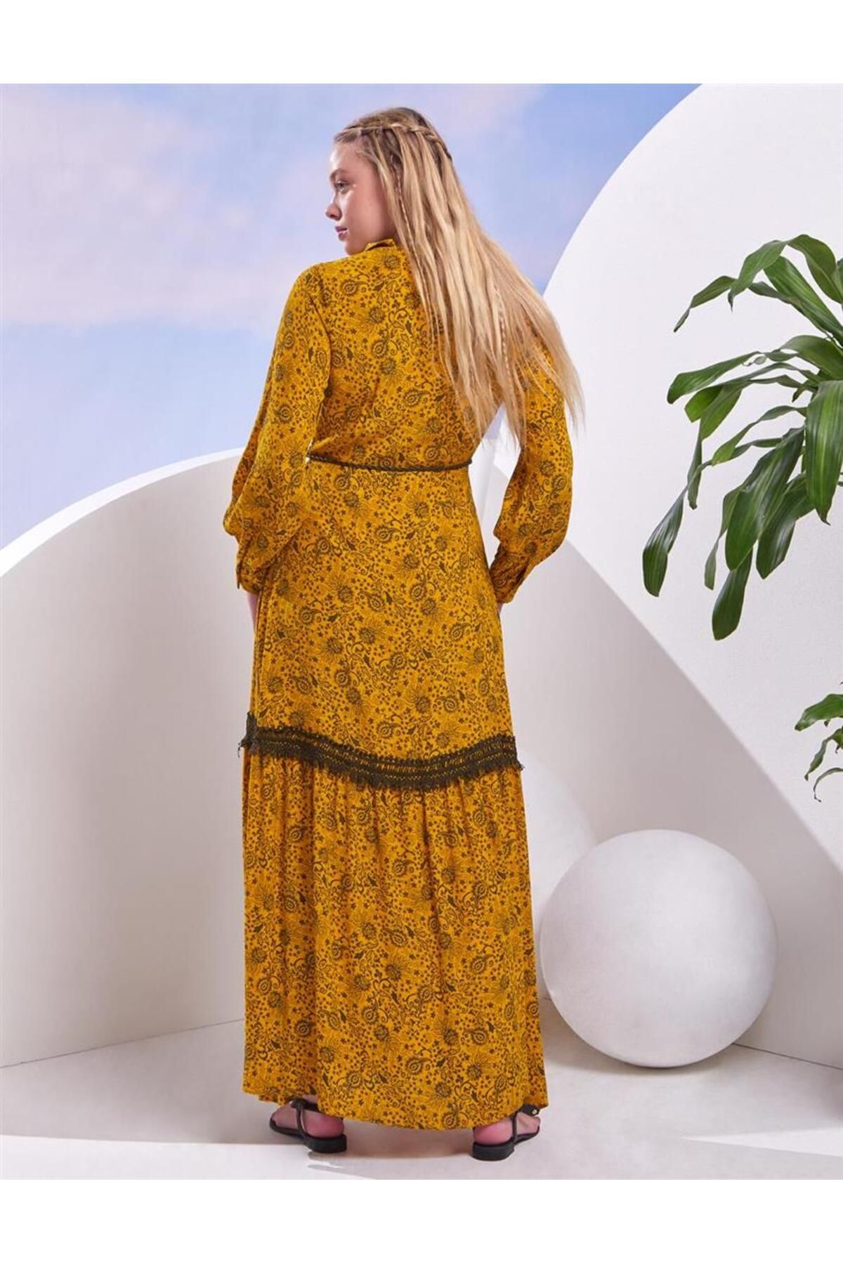 Kayra-Mustard Patterned Ethnic Shirt Collar Dress 5