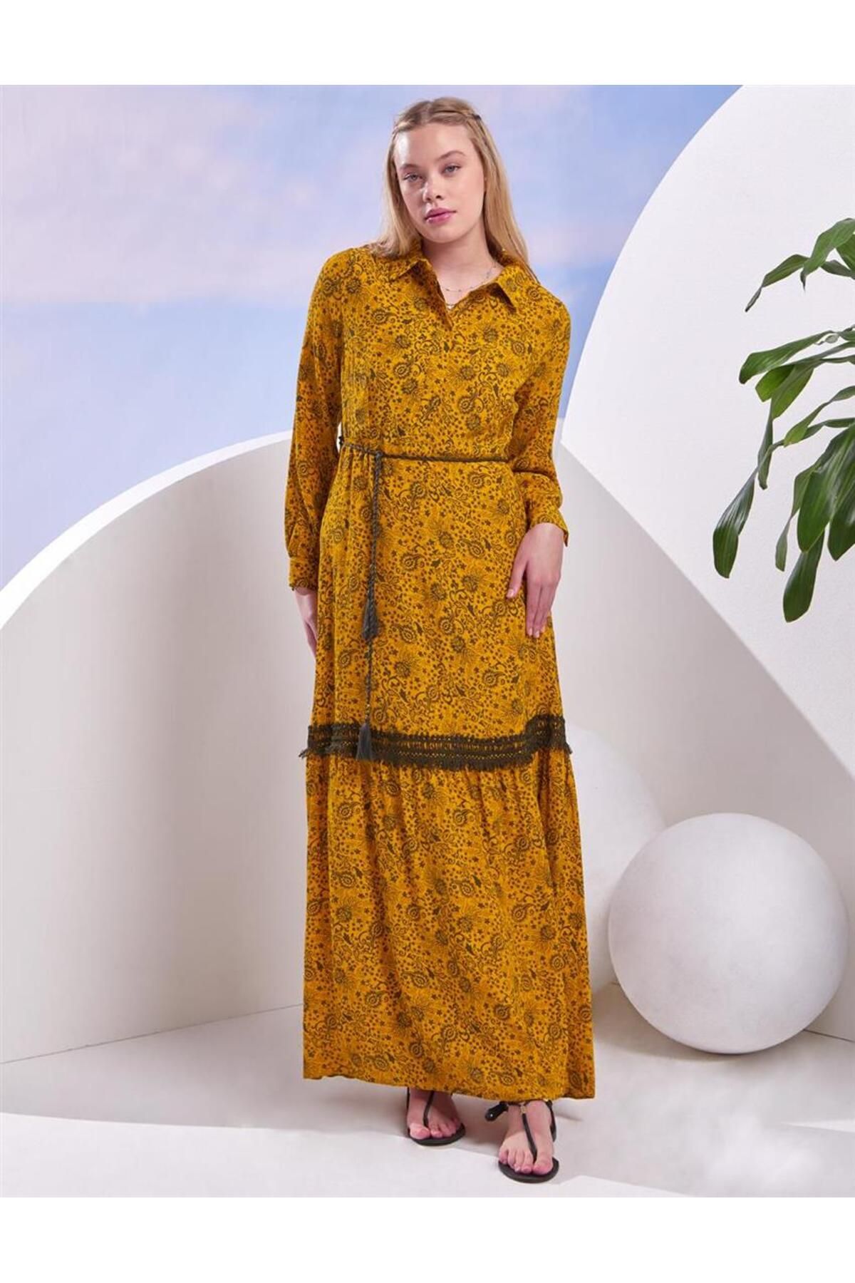 Kayra-Mustard Patterned Ethnic Shirt Collar Dress 3