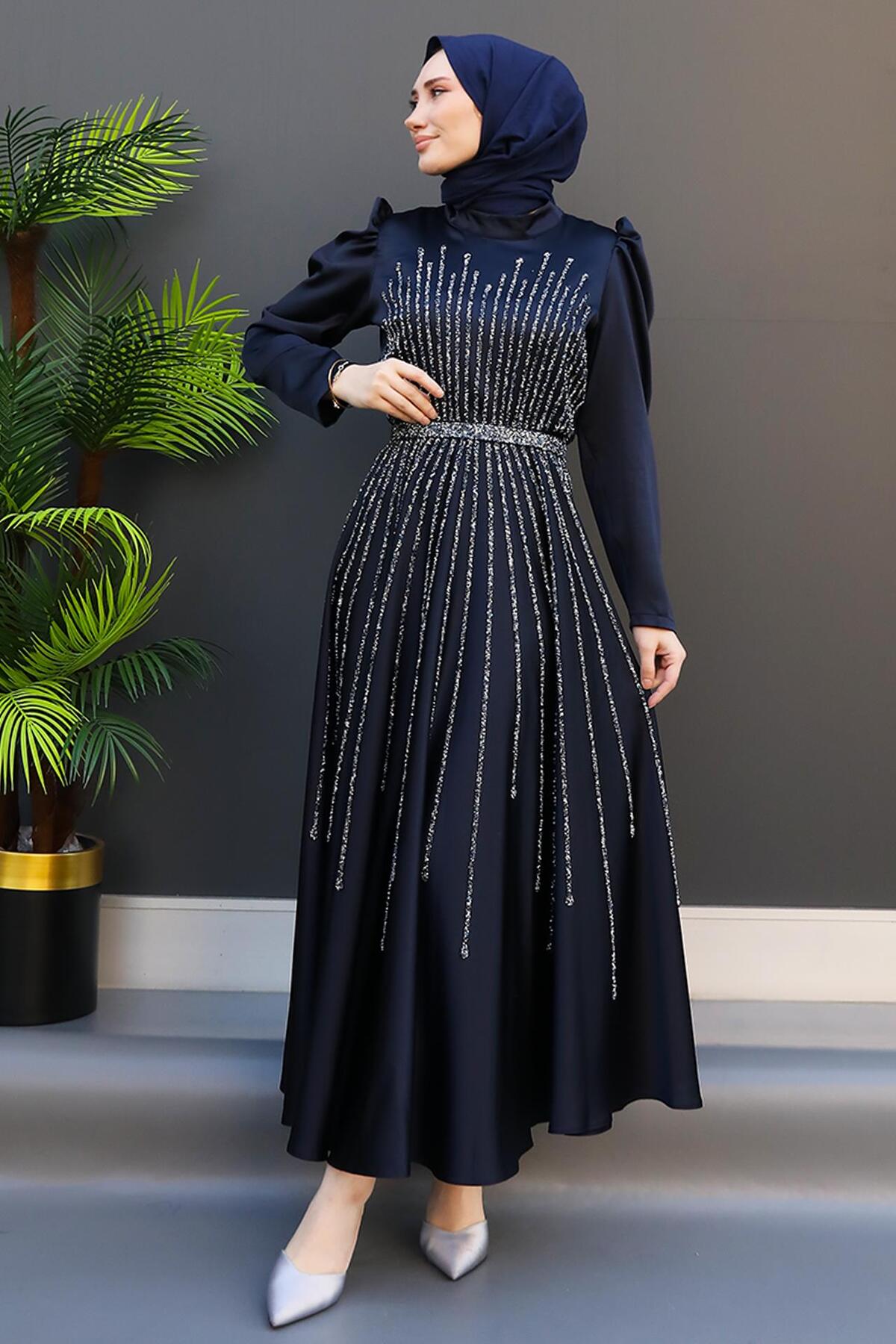 Sun Modest Evening Dress Navy Blue
