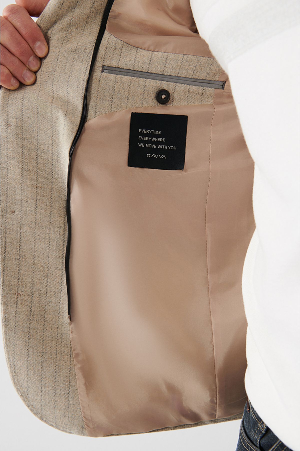 Avva ژاکت پشمی بژ مردانه یکدوله یقه کیف دستی لباس جیب راحتی باریک A32Y4041