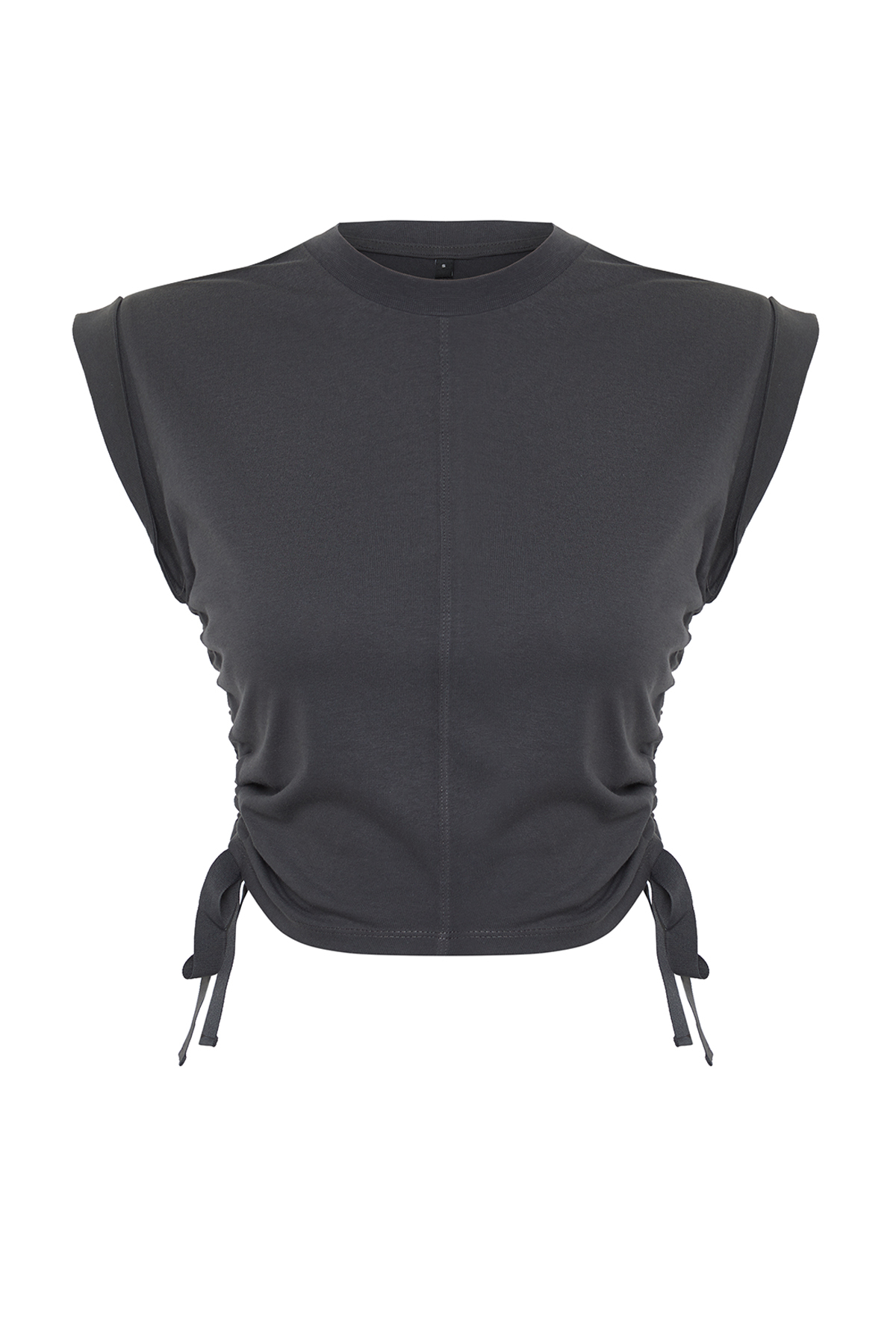 Trendyolmilla  Antrasit %100 Kalın Pamuklu Büzgü Detaylı Crop Yarasa Kol Örme T-Shirt TWOSS24TS00026 - Görsel 7