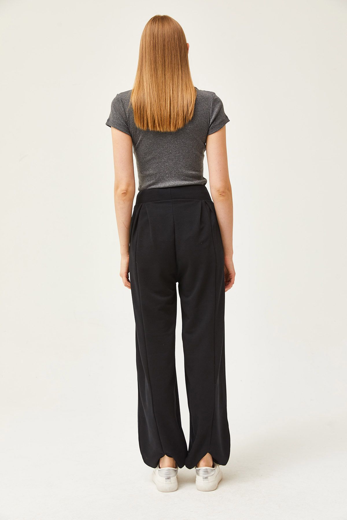 Olalook-Schwarze, weich strukturierte, fließende Baggy-Hose mit Schnürung für Damen PNT-19000273 6