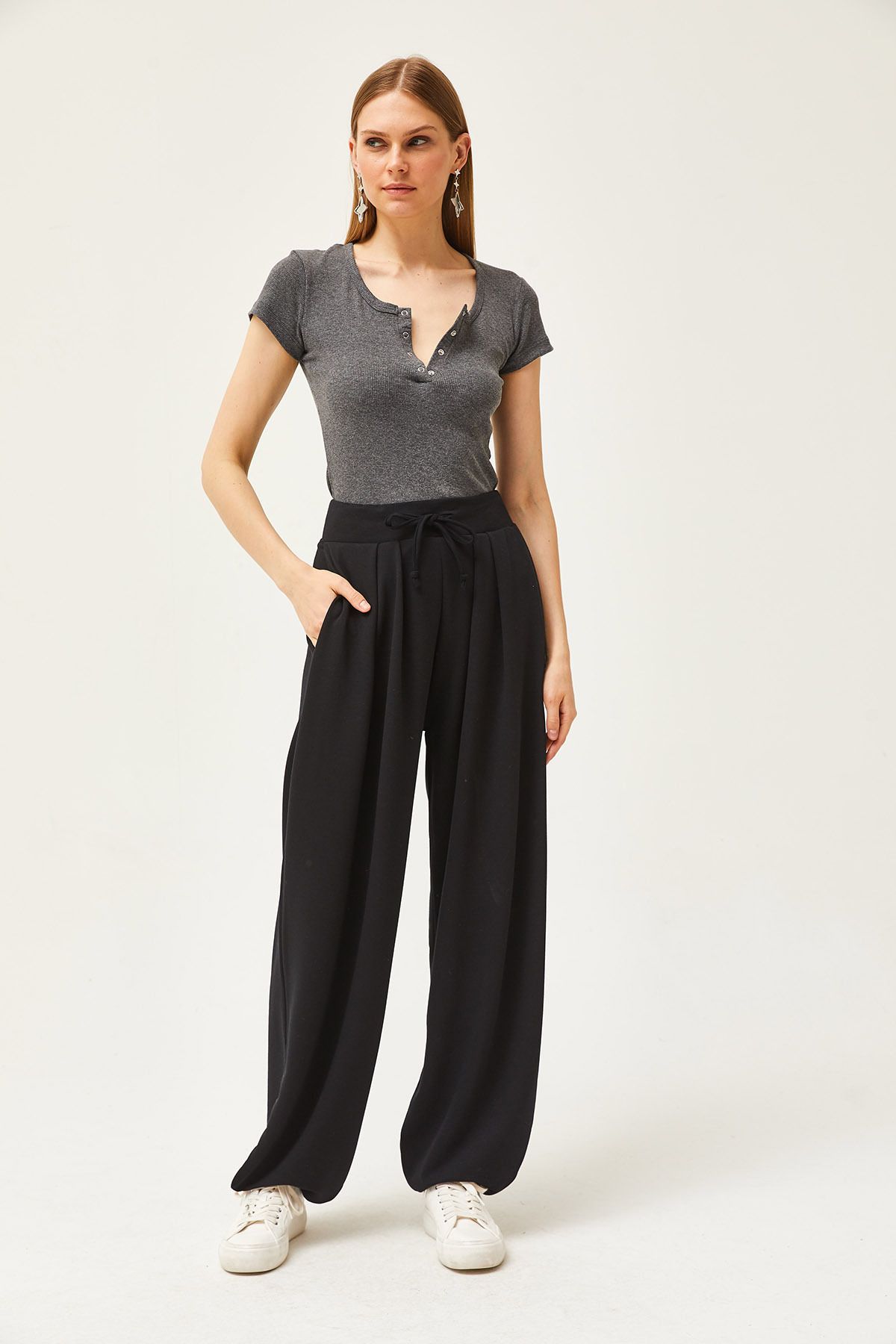 Olalook-Schwarze, weich strukturierte, fließende Baggy-Hose mit Schnürung für Damen PNT-19000273 3