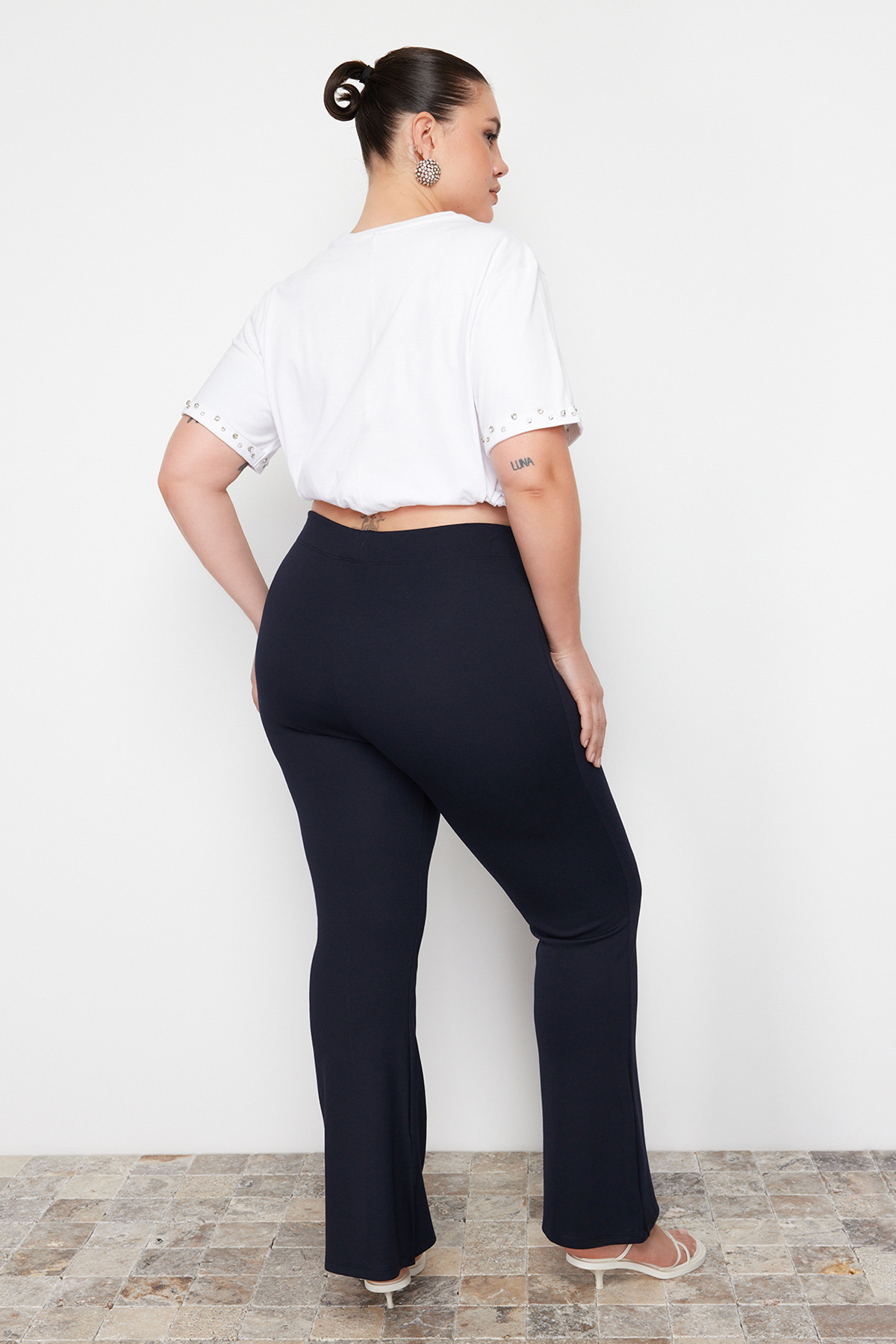 Trendyol Curve-Navy Blue Spanish Leg High Waist Slit Detailed Knitted Trousers TBBAW23AR00002 6