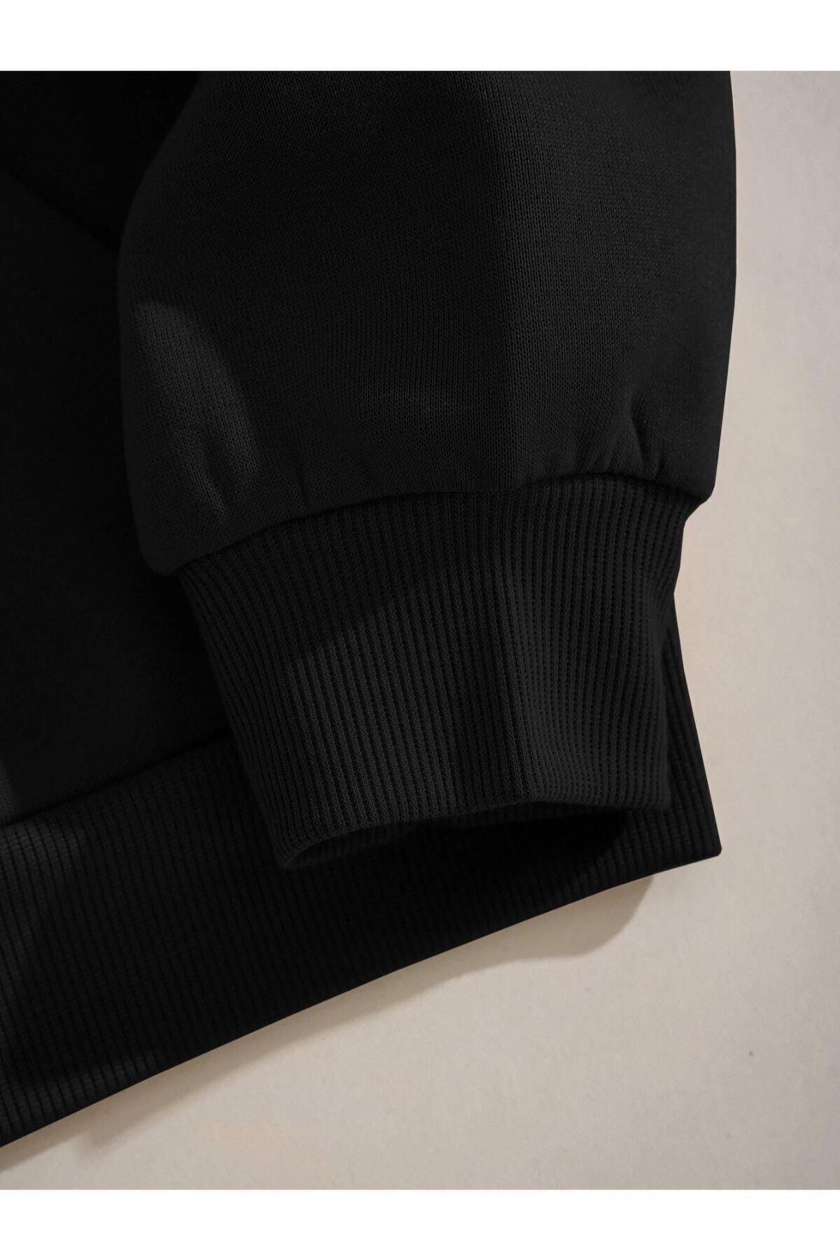 Genel Markalar  Unisex Siyah Düz Renk Kapüşonlu Sweatshirt - Görsel 4