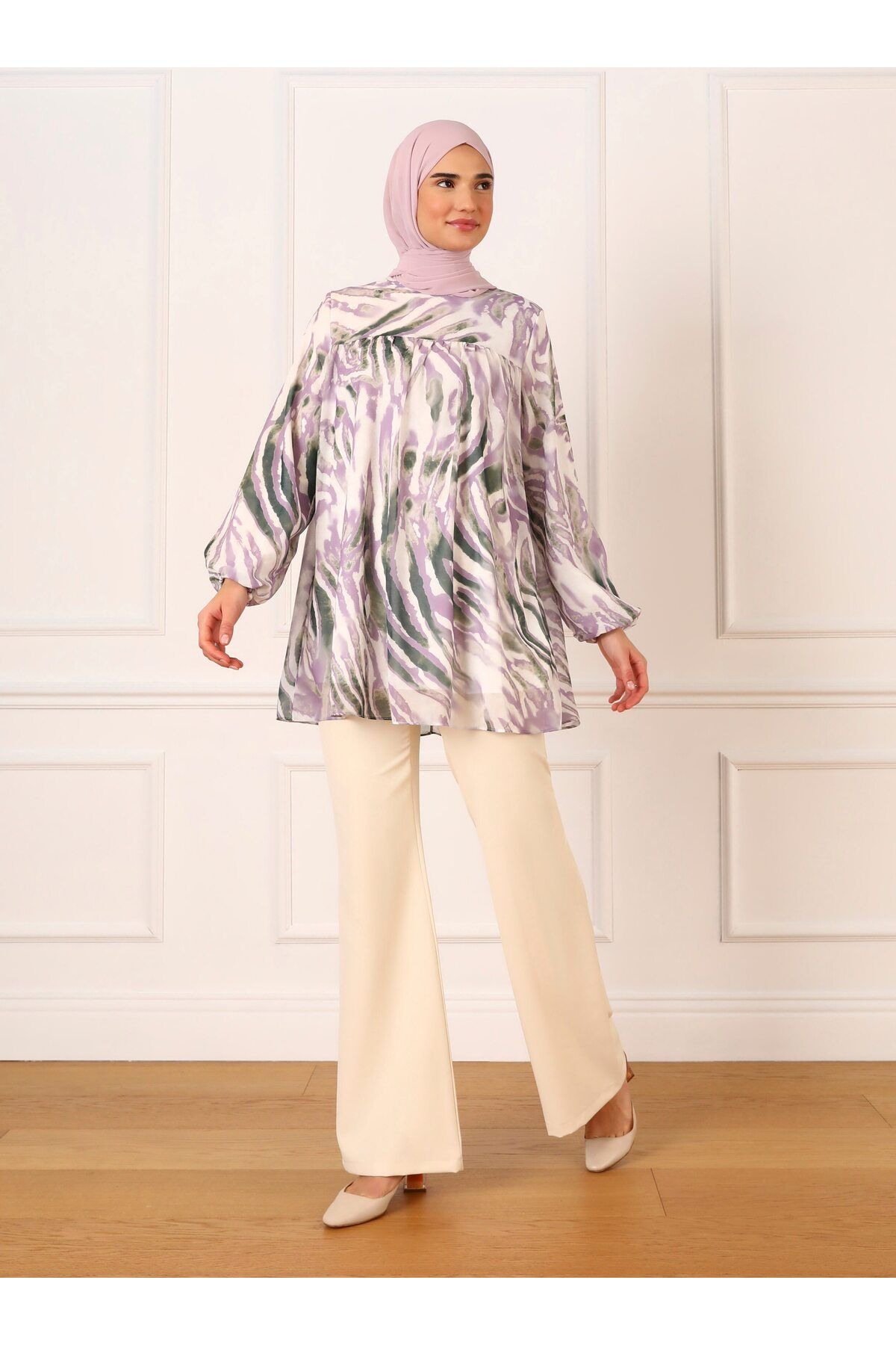 Refka-Lined Zebra Patterned Chiffon Tunic with Elastic Cuffs - Lilac - Refka 1