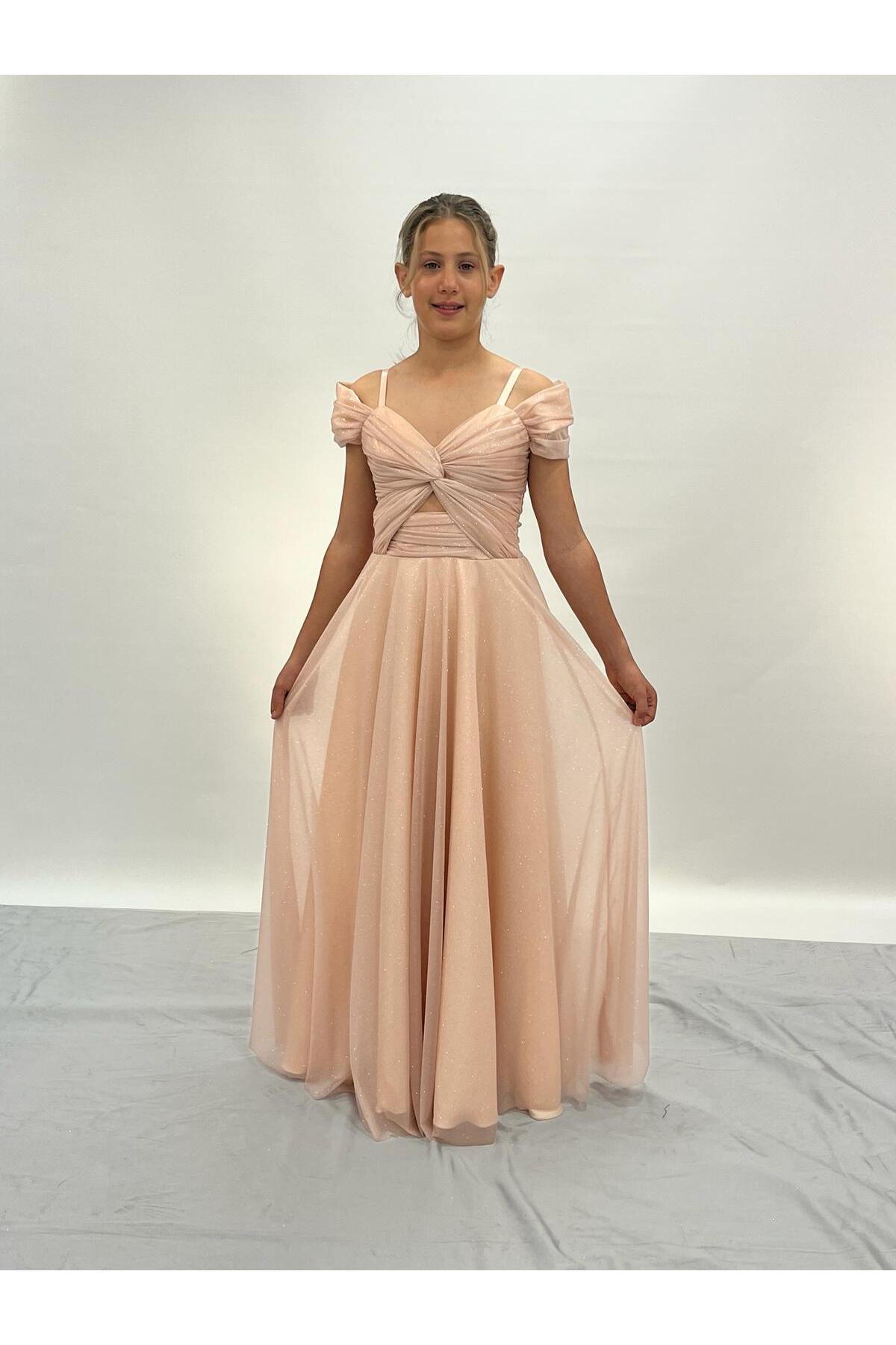 BUTİKHAPPYKİDS Girl's Evening Dress Powder Strap Shoulder Detail