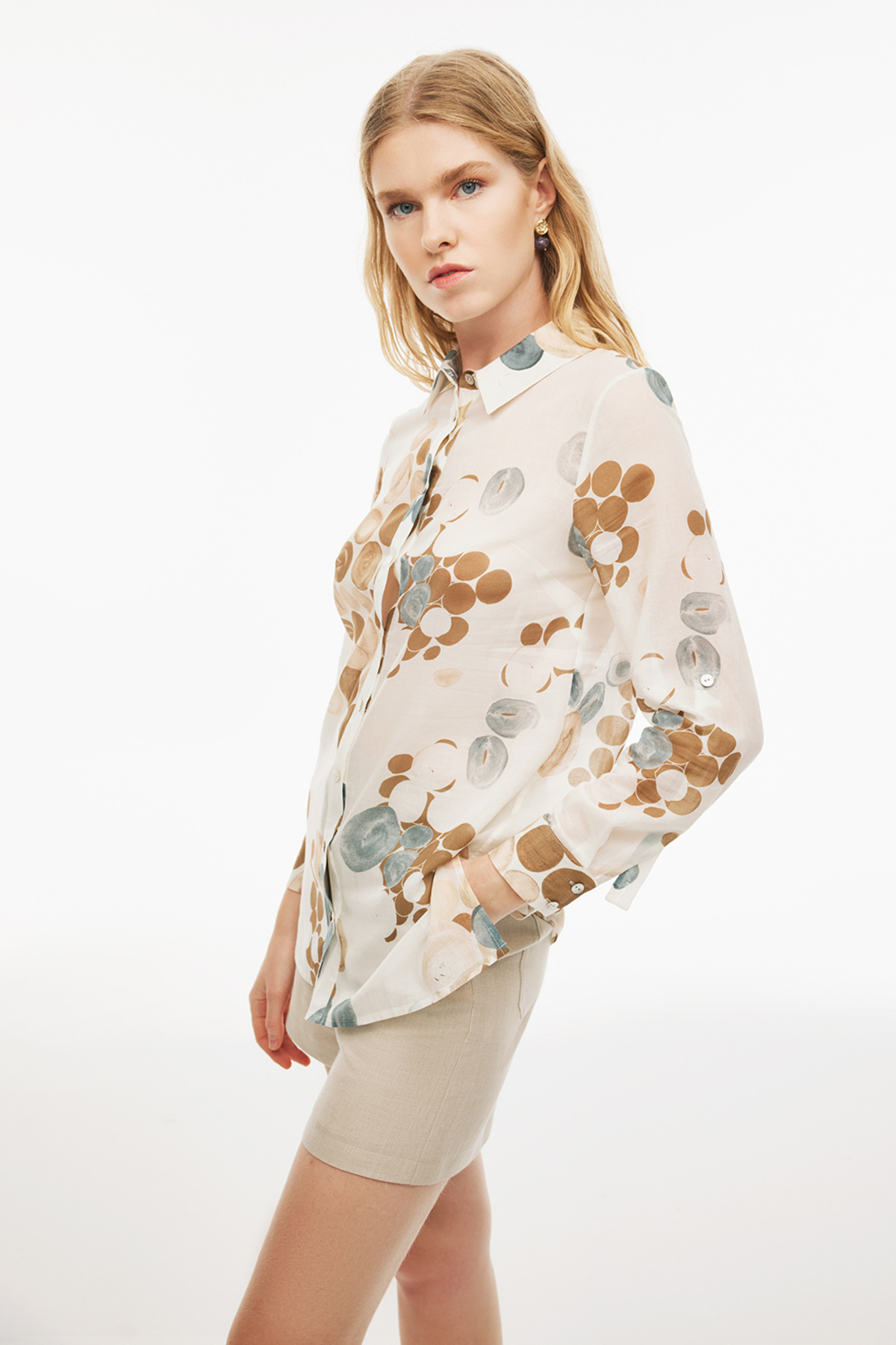 Perspective-Daylight Regular Fit Polka Dot Patterned Fitted Sleeve Shirt Collar Multicolor Tunic 3