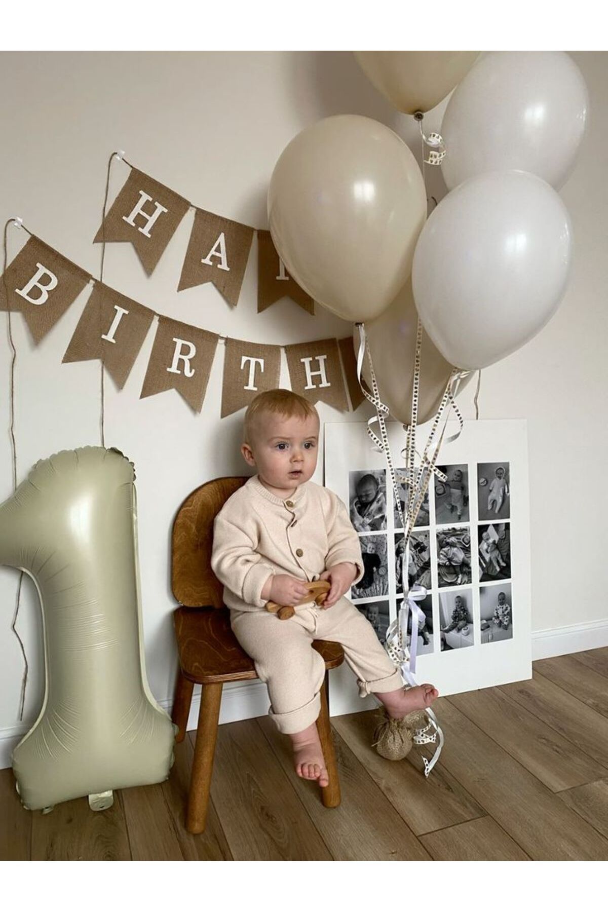 MERİ PARTİ-1 YEAR OLD BIRTHDAY SET HAPPY BIRTHDAY BANNER LATEX BALLOON 1 YEAR OLD CREAM COLOR FOIL BALLOON SET 1