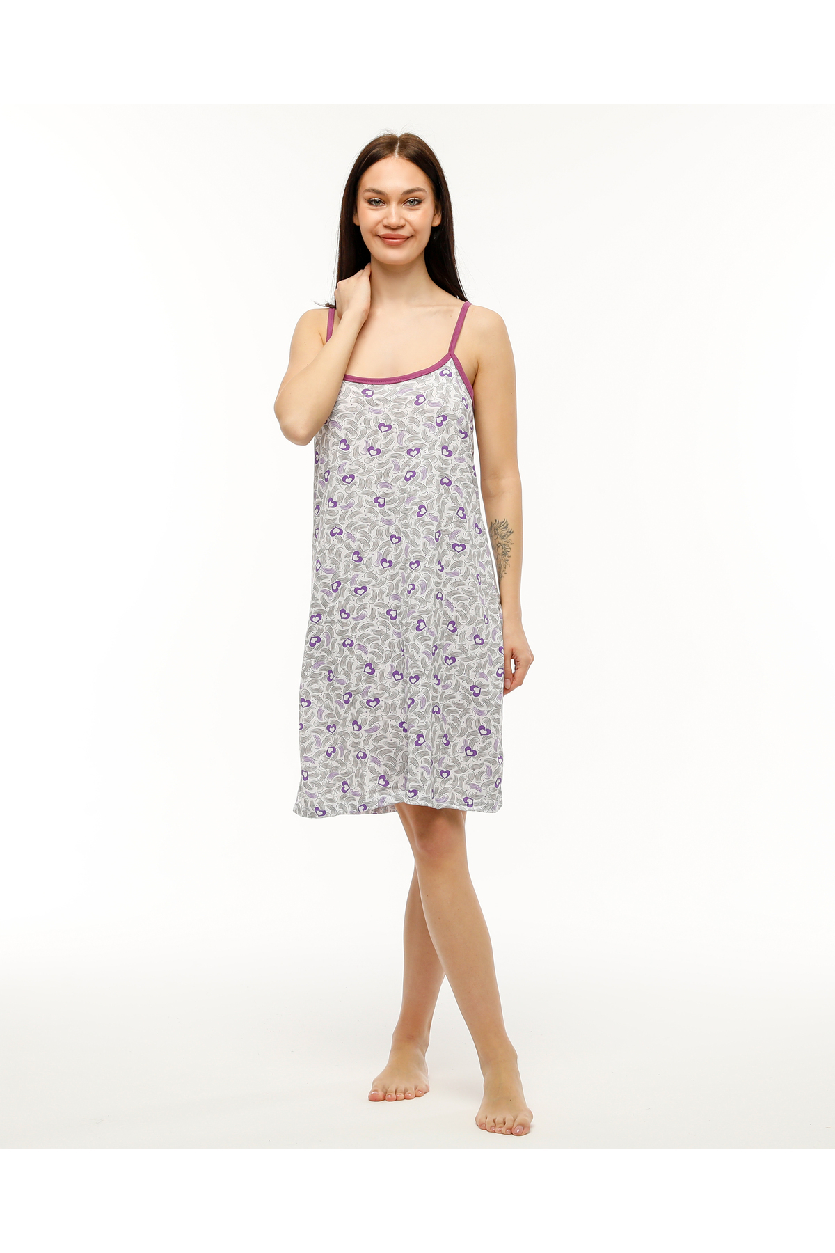 Genel Markalar İp Askılı %100 Pamuk Penye Kumaş Rahat Kalıp Gecelik