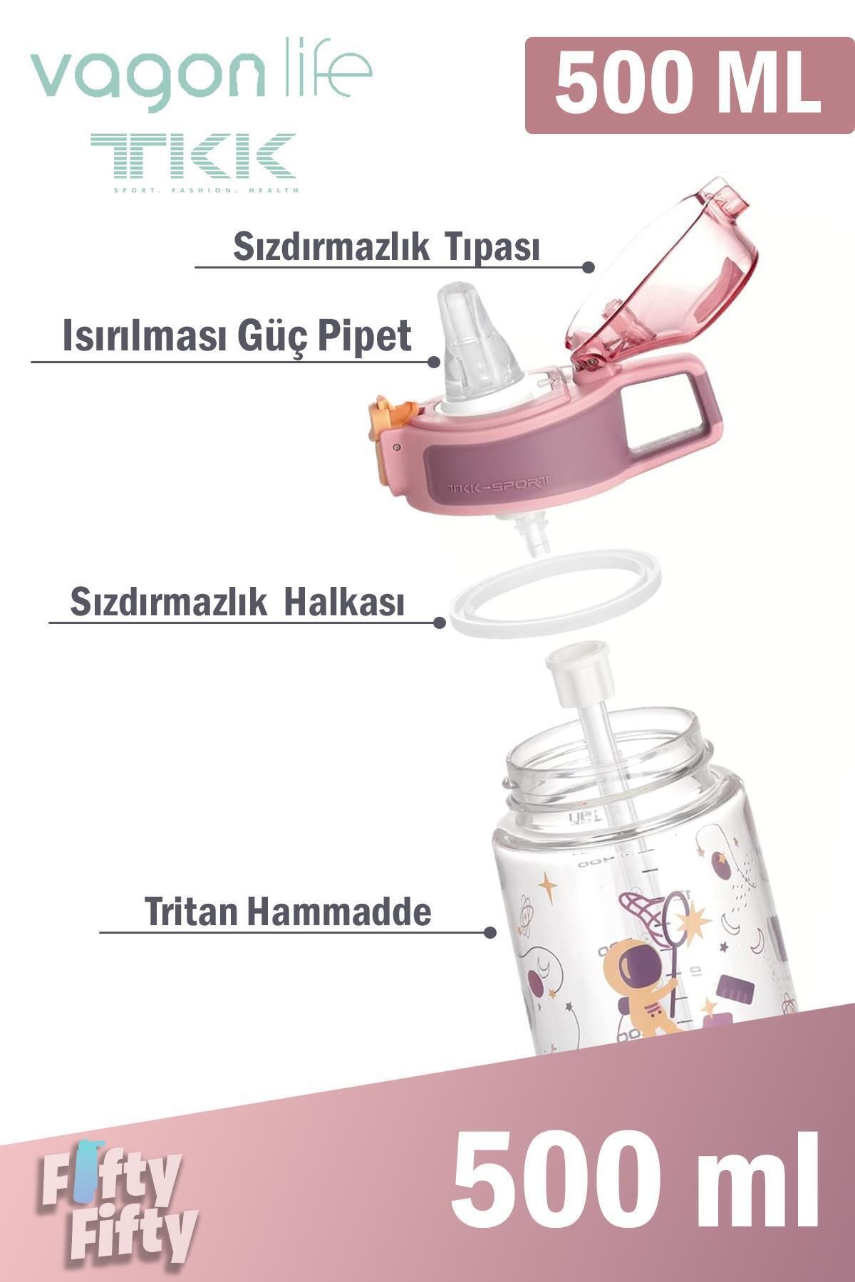 قمقمه کمپ صورتی TKK 500 میل الگوی ضخیم Pipetan BPA بدون آب تریتان چربی FFTKK3002 500ml Vagonlife