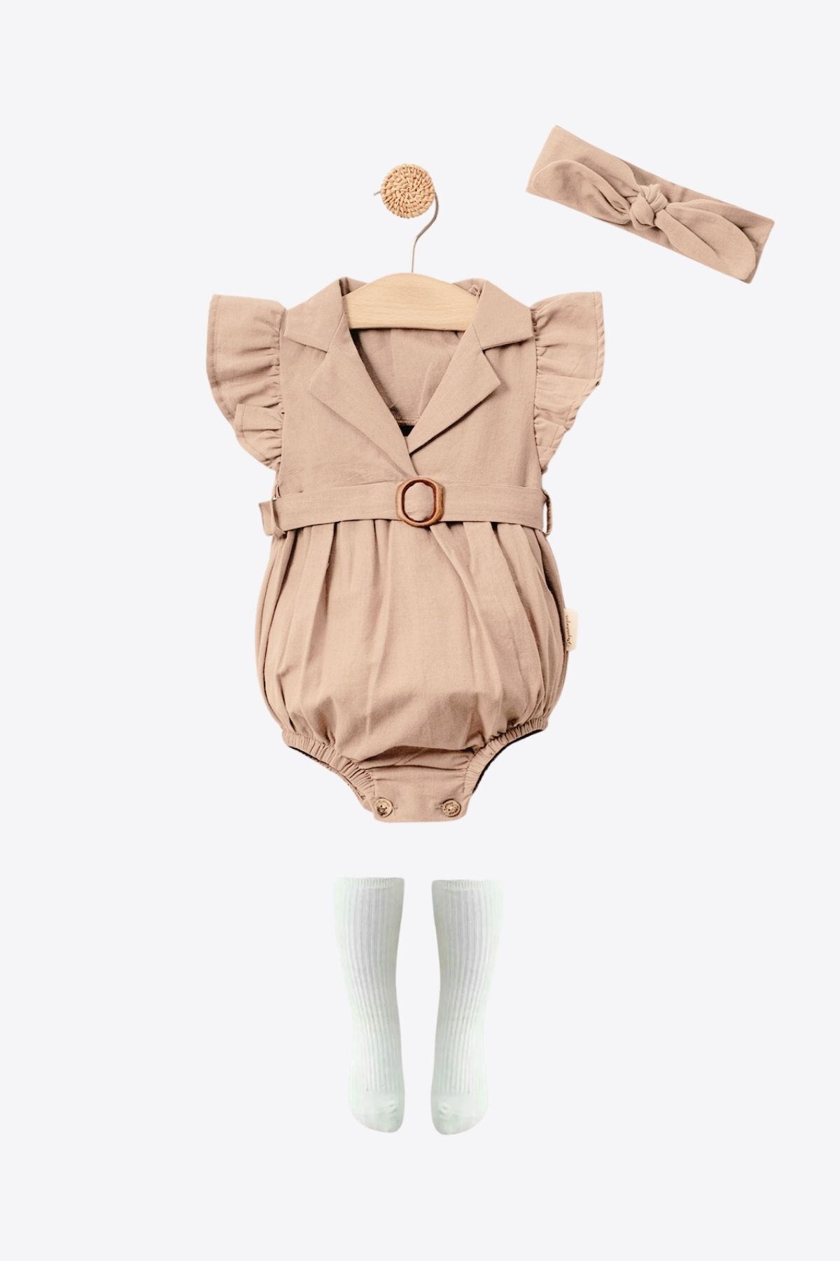 Minytrendy Kız Bebek Çocuk Romper Vintage Bandanalı Kemer Detaylı Bayramlık Takım Yenidoğan Tulum fotoğrafı 3 (önizleme)