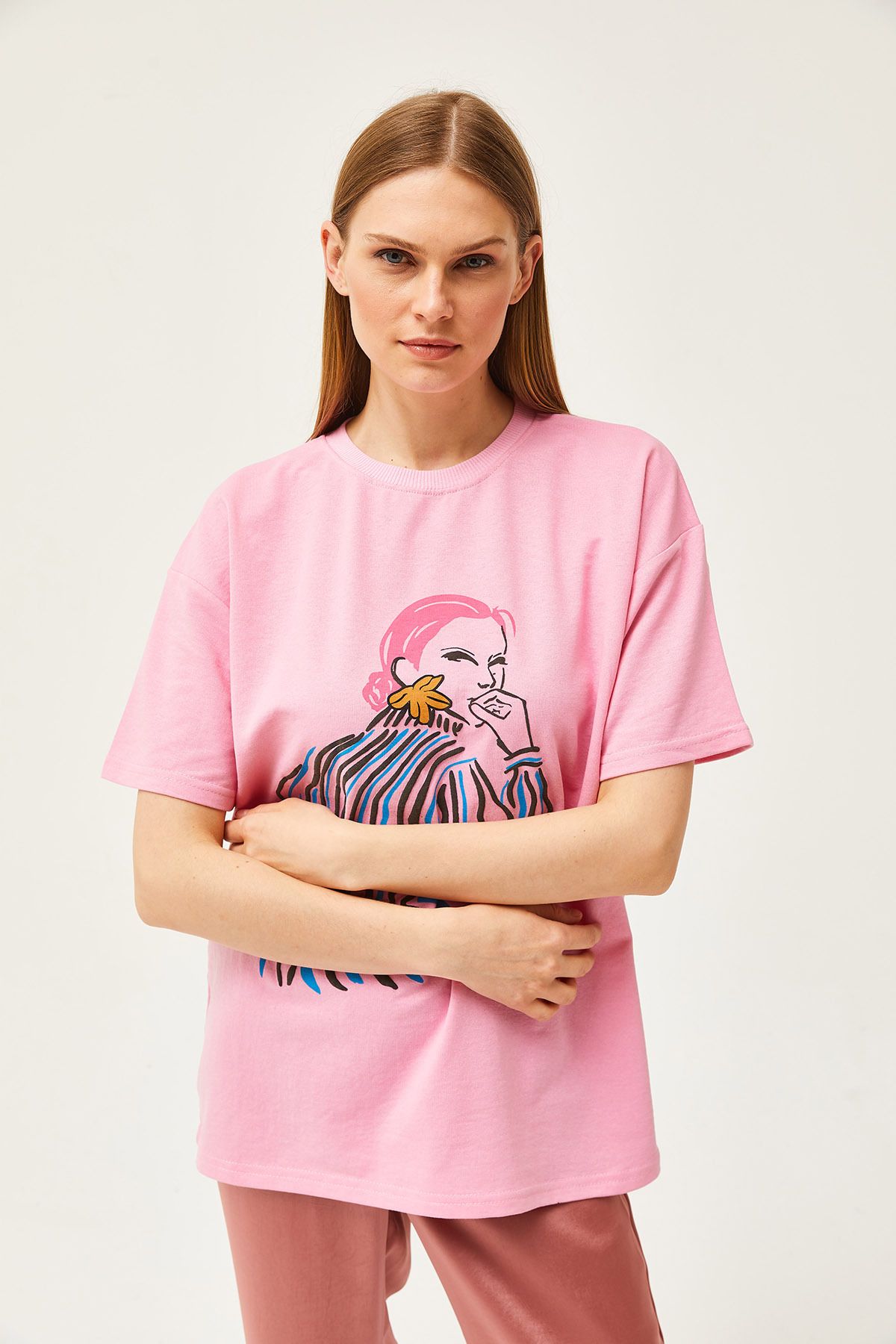 Olalook-Women's Pink Girl Printed Oversize T-Shirt TSH-19000799 3
