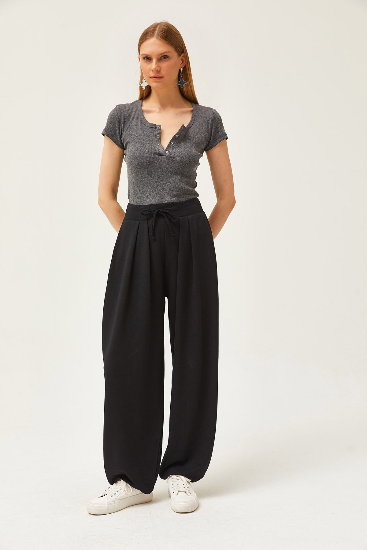 Olalook-Schwarze, weich strukturierte, fließende Baggy-Hose mit Schnürung für Damen PNT-19000273 5