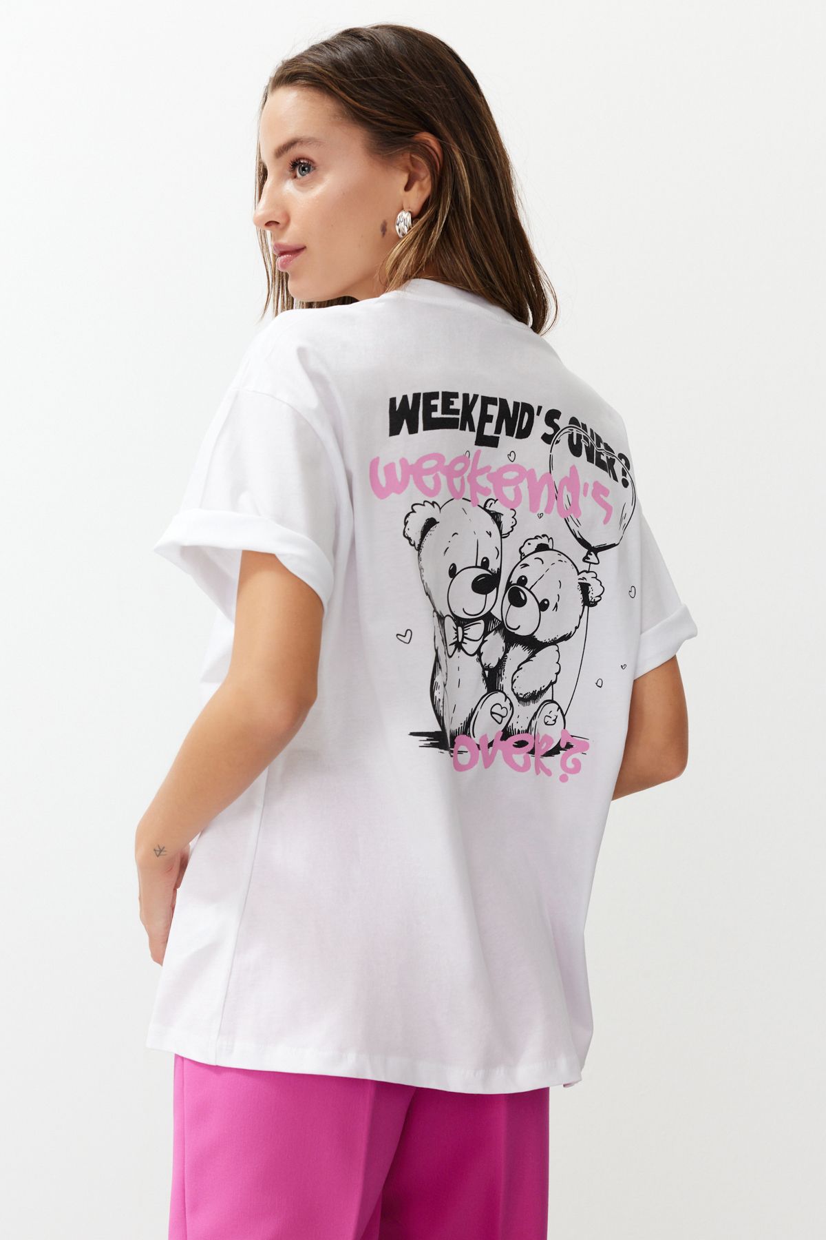 Trendyol Collection Biała, 100% Bawełniana Koszulka Z Nadrukiem, Oversize/szeroki Krój, Z Krótkim Rękawem, Z Dzianiny Kobieta - L