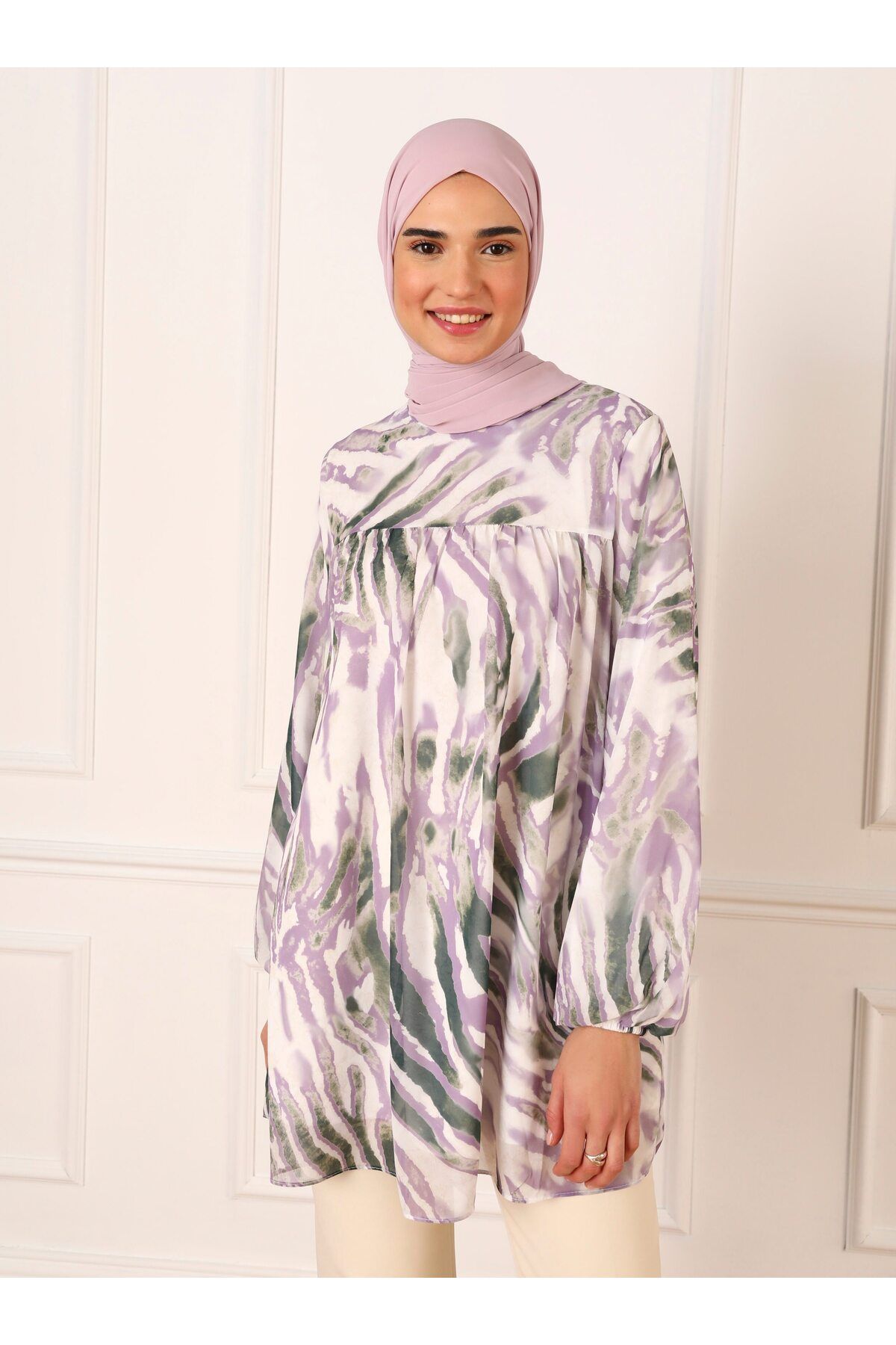 Refka-Lined Zebra Patterned Chiffon Tunic with Elastic Cuffs - Lilac - Refka 2