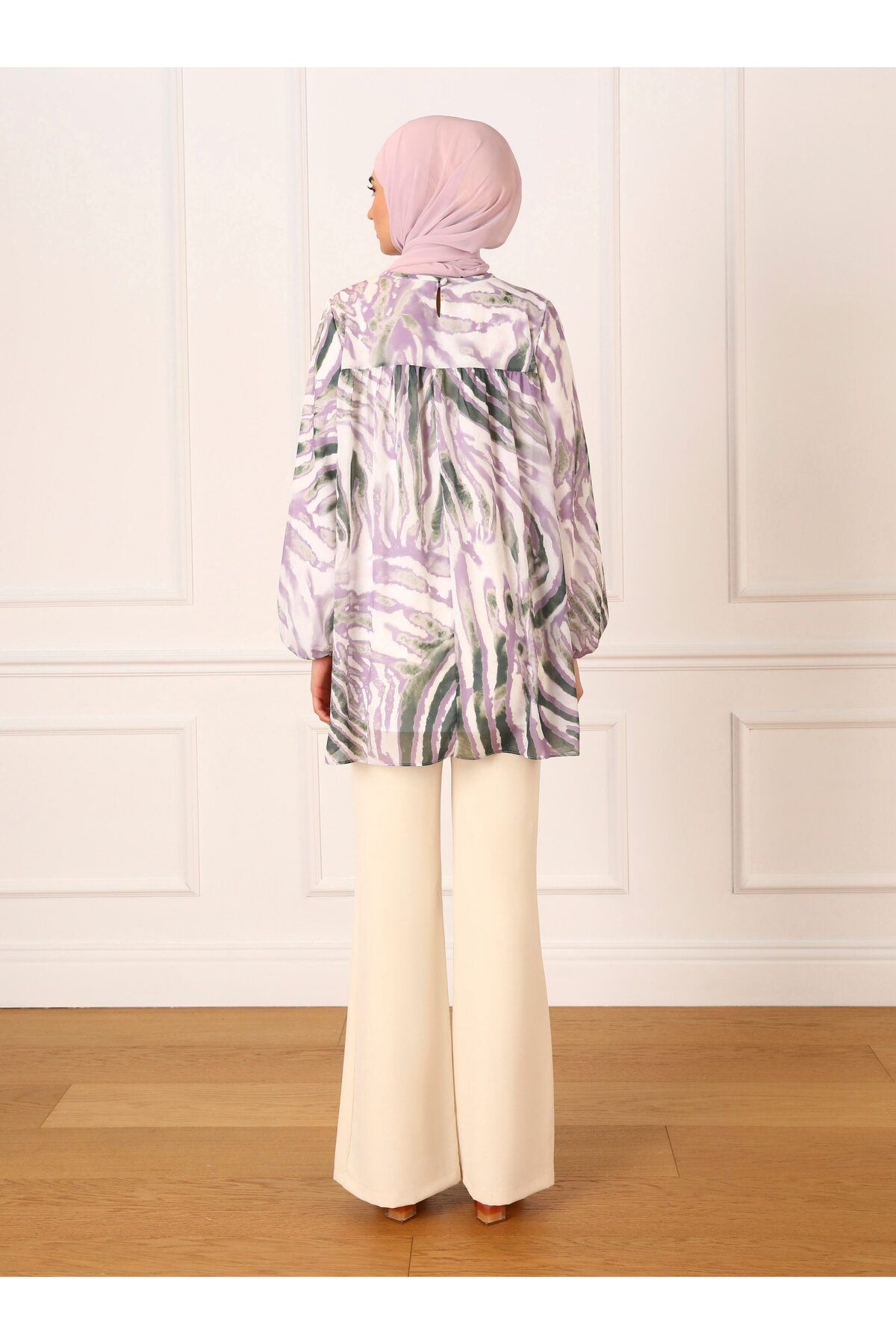 Refka-Lined Zebra Patterned Chiffon Tunic with Elastic Cuffs - Lilac - Refka 4
