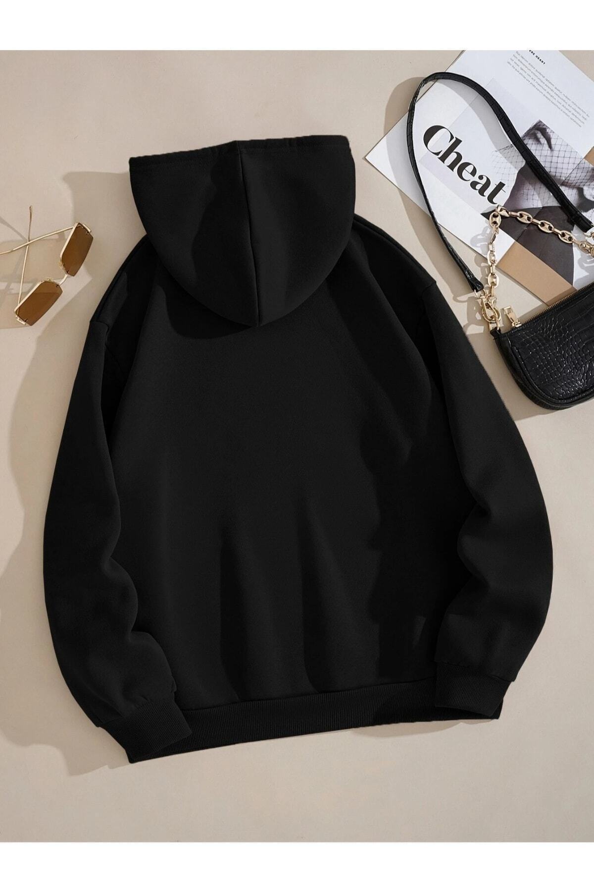 Genel Markalar  Unisex Siyah Düz Renk Kapüşonlu Sweatshirt - Görsel 2