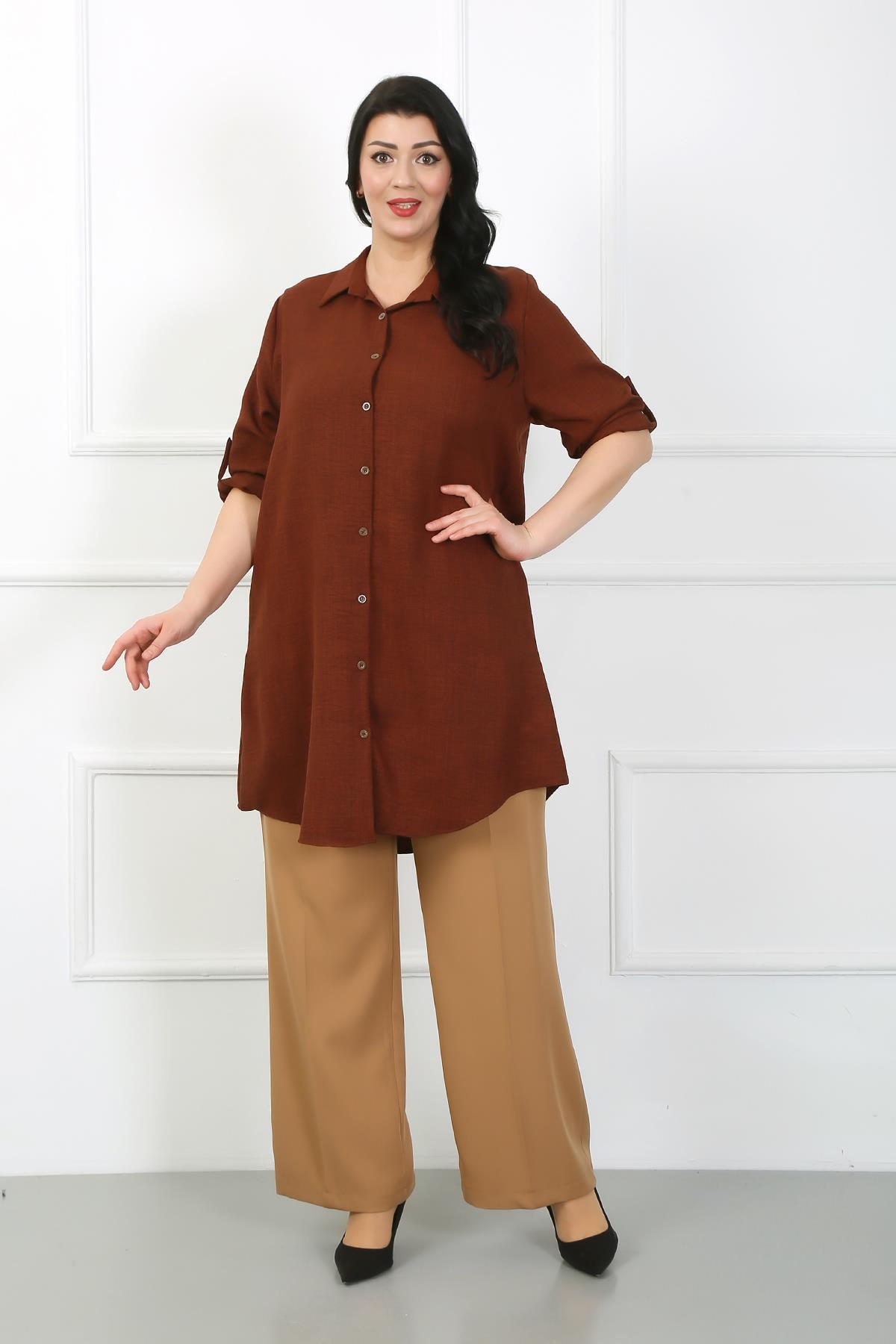 By Alba Collection Kadın Taba Soft Keten Büyük Beden Tunik