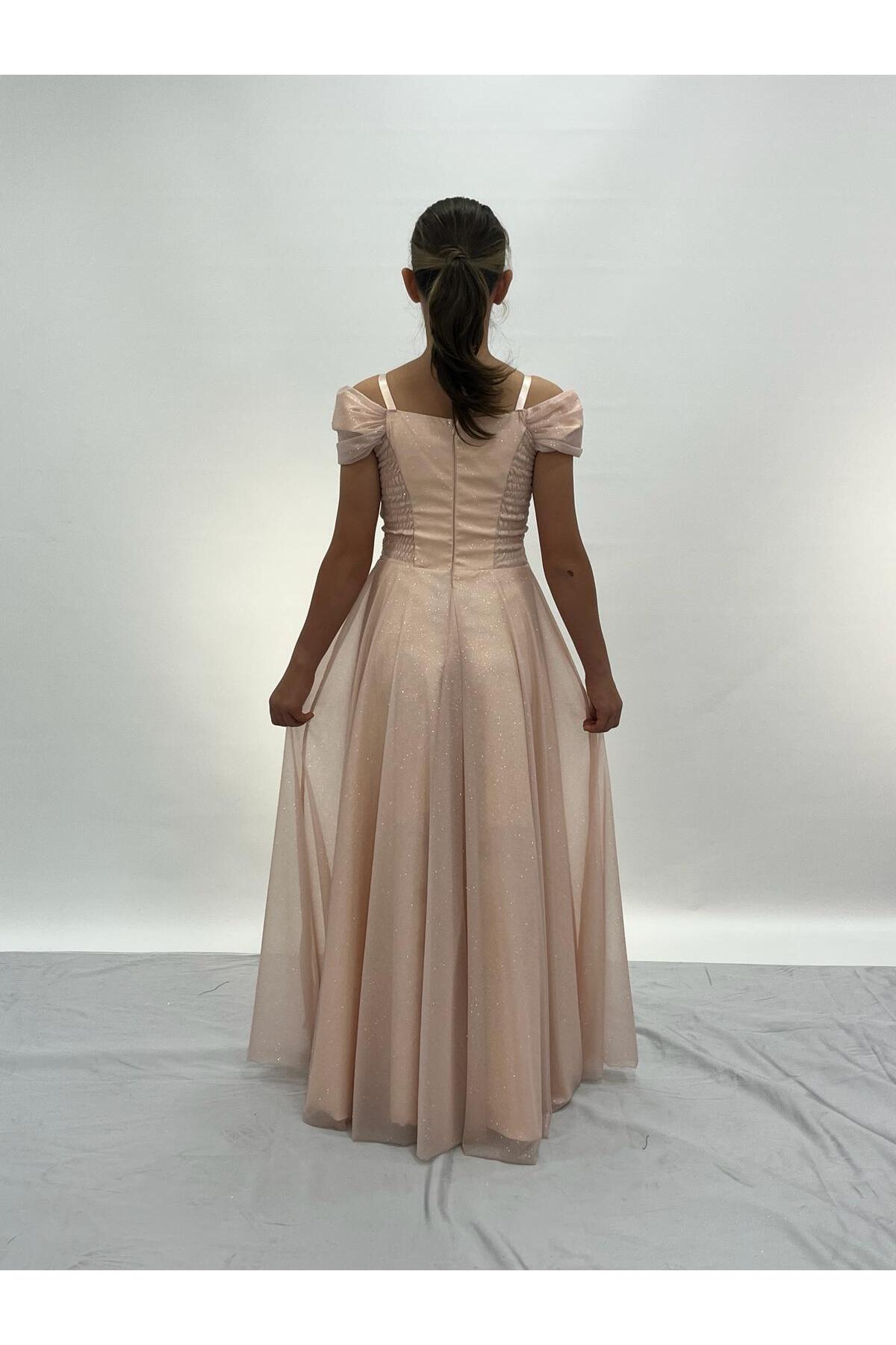 BUTİKHAPPYKİDS Girl's Evening Dress Powder Strap Shoulder Detail