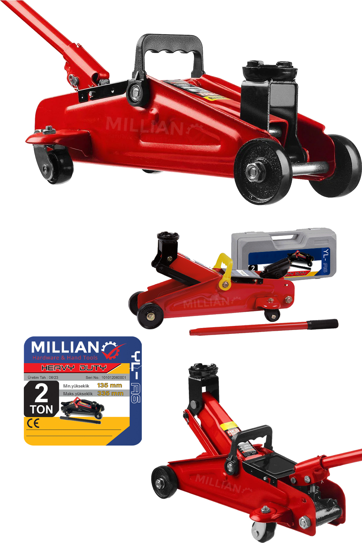 Millian 2,5 Tona Kadar Arabalı Tekerlekli Hidrolik 2 Ton Timsah Kriko Taşıma Çantalı 2 Yıl Garantili