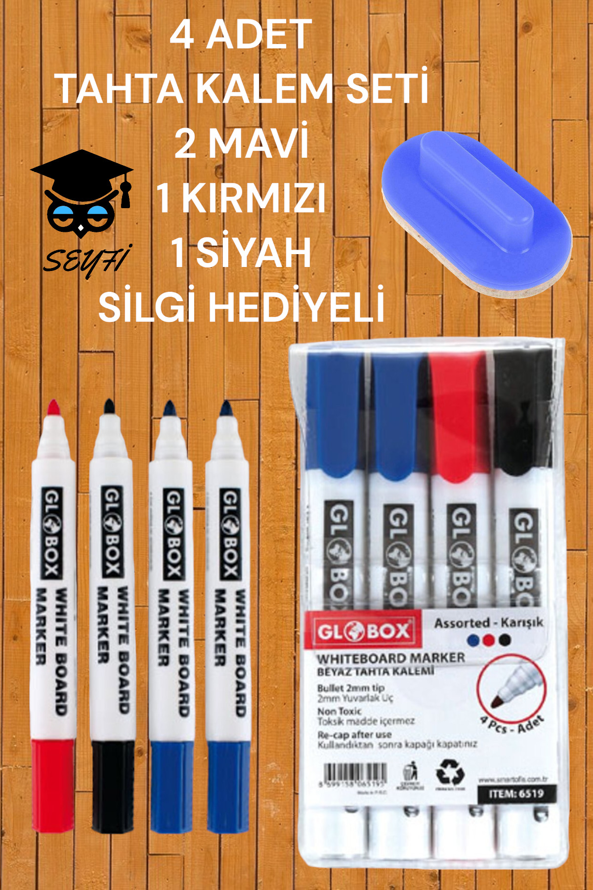 Globox 4 ADET TAHTA KALEM SETİ 2 MAVİ 1 KIRMIZI 1 SİYAH TAHTA SİLGİSİ
