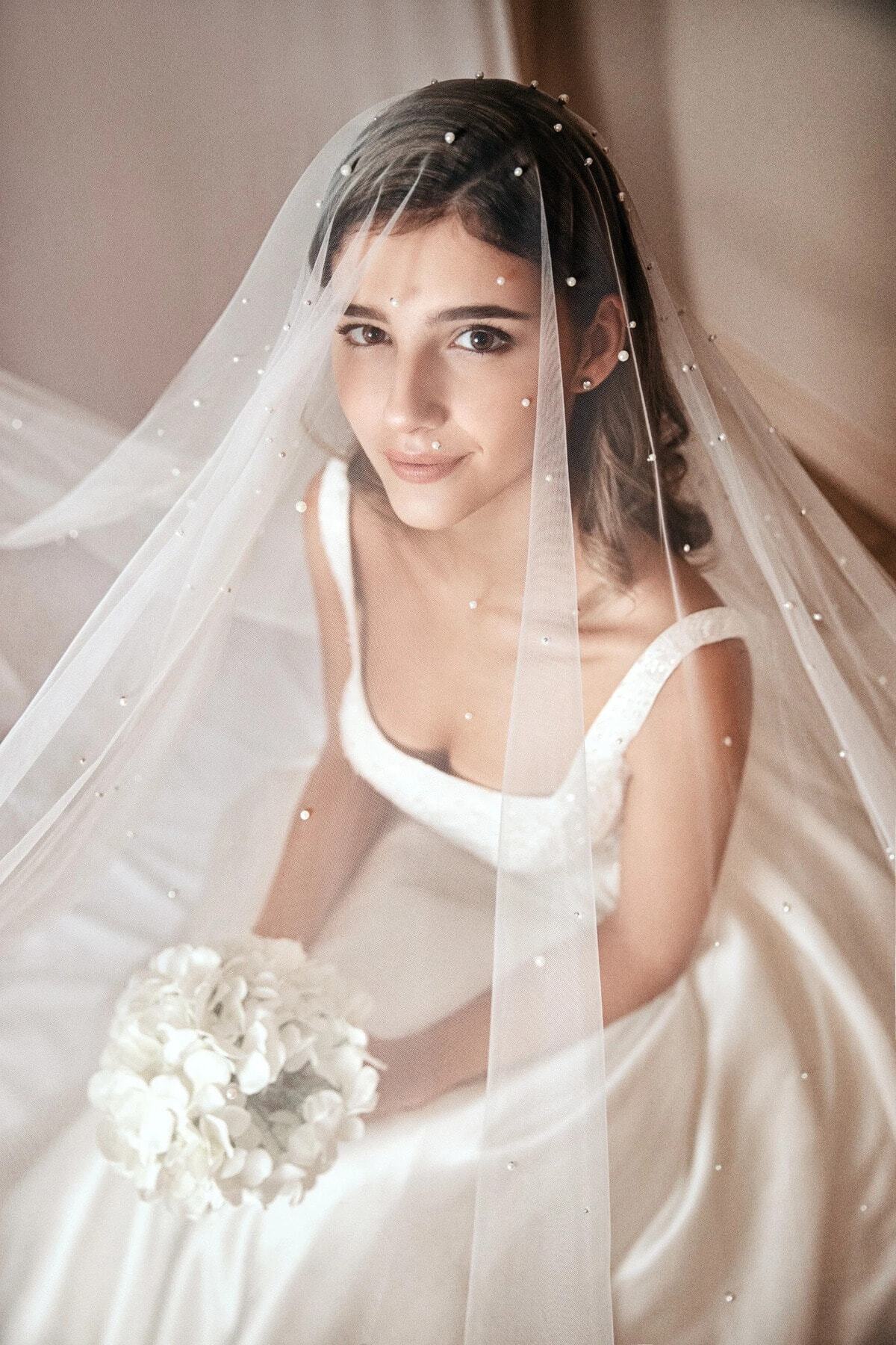 Yoğun Incli Zarif Duvak - 3 Metre Boy / 3 Metre En - Gelin Gelinlik Için, Nikah, Duvağı,tül