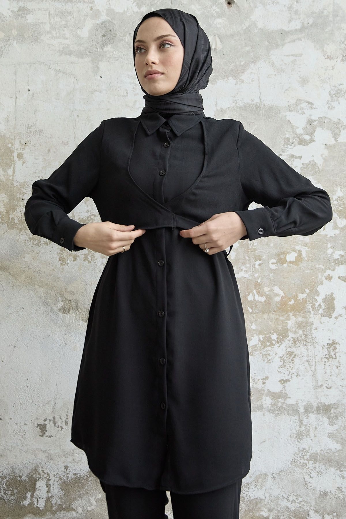 InStyle-طقم مزدوج بربطة أمامية - أسود 2