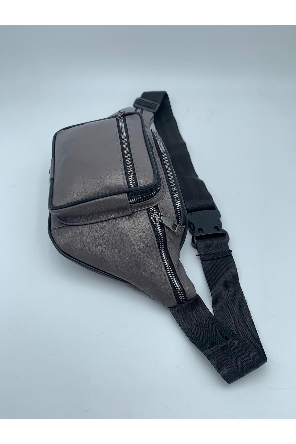 NahitaTyana Unisex Gri Çok Cepli Hakiki Deri Freebag Bel Çantası görsel 2