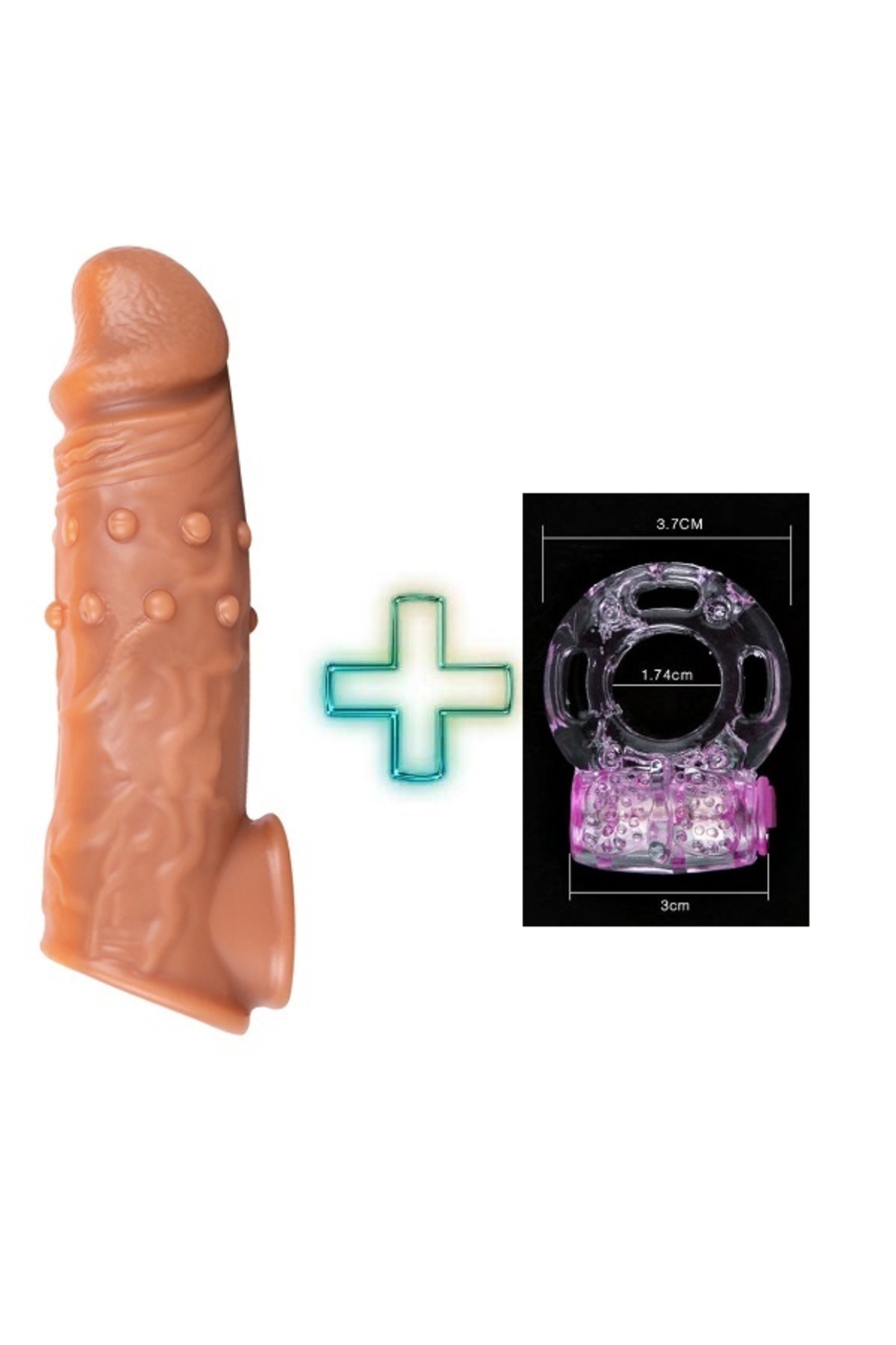 16 cm uzunlukta Tırtıklı silikon penis kılıfı ve Titreşimli Penis Halkası