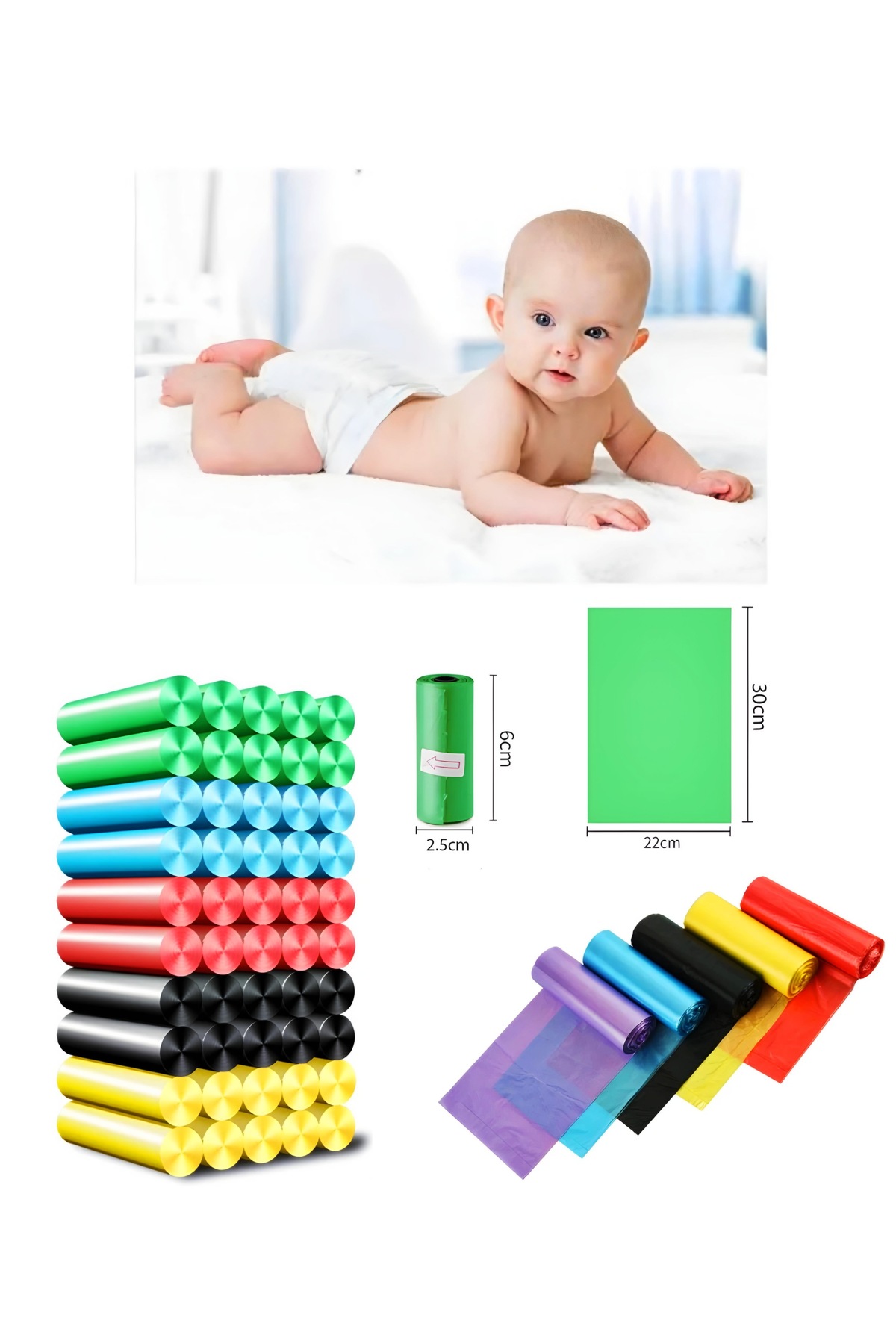 Kyrotech 5 Rulo/75 Parça Renkli Bebek Bezi Çöp Poşeti, Kullan At Poşet Seti, Atık Torbası, Plastik Poşet