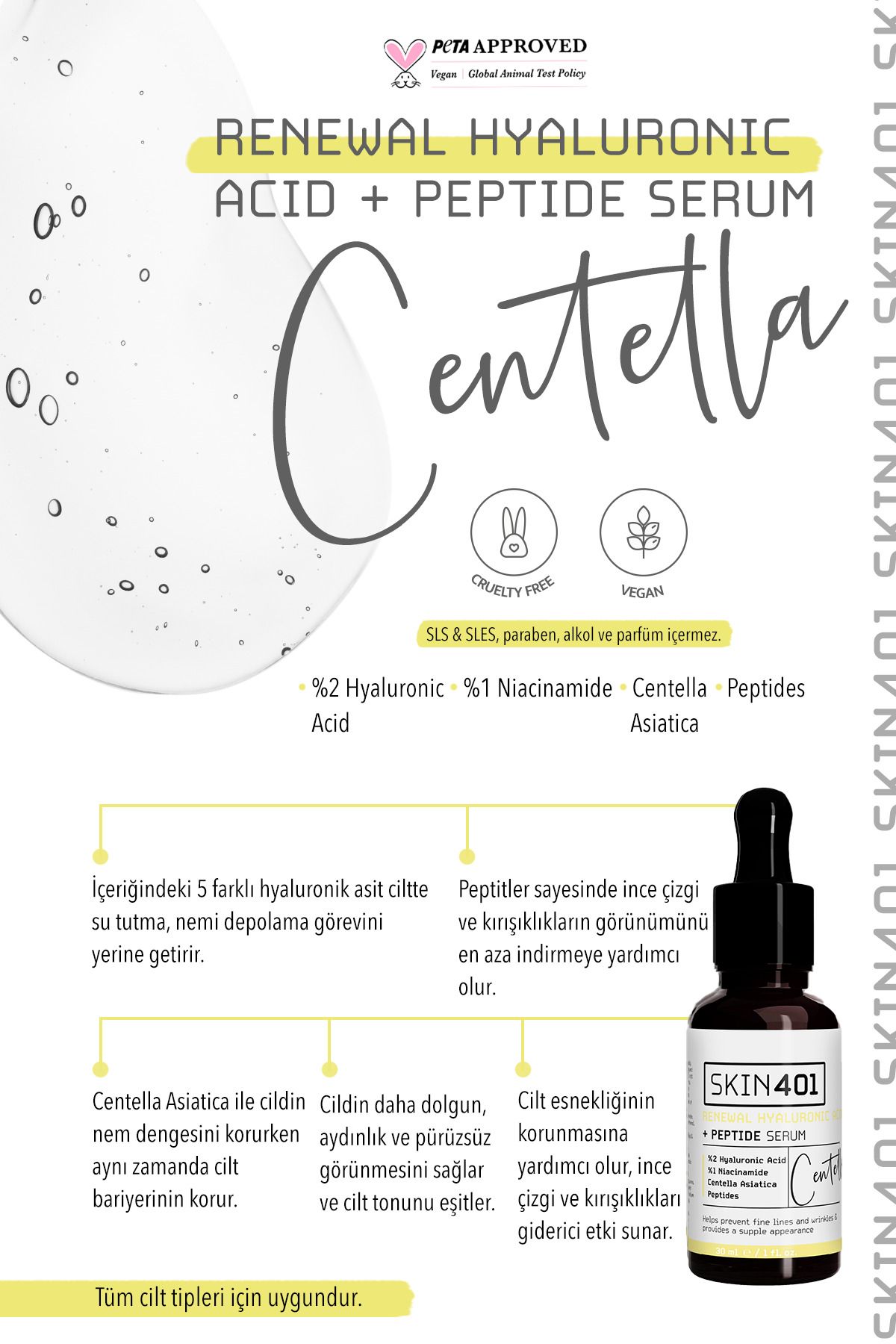 سرم هیالورونیک اسید 2 درصد + پپتید 30 میلی لیتری مرطوب کننده و مرطوب کننده قوی Skin401