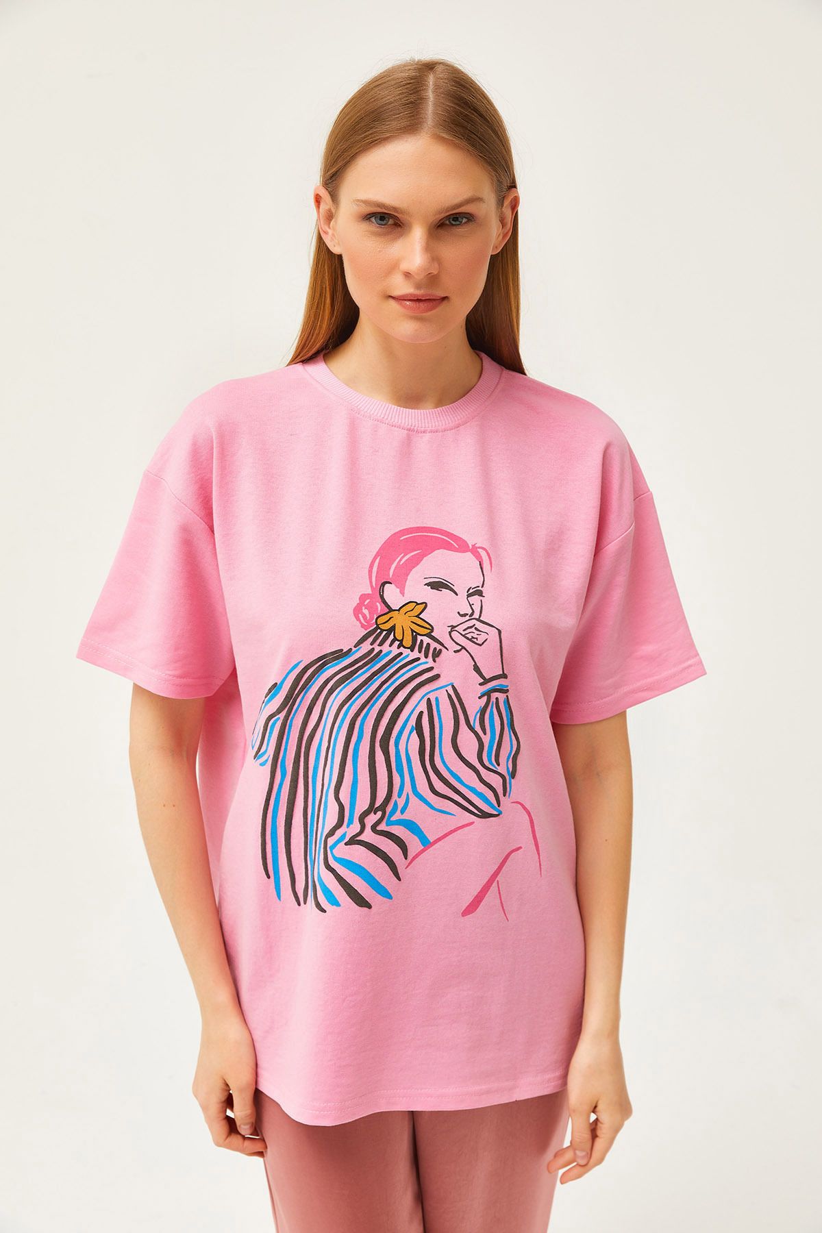 Olalook-Women's Pink Girl Printed Oversize T-Shirt TSH-19000799 2