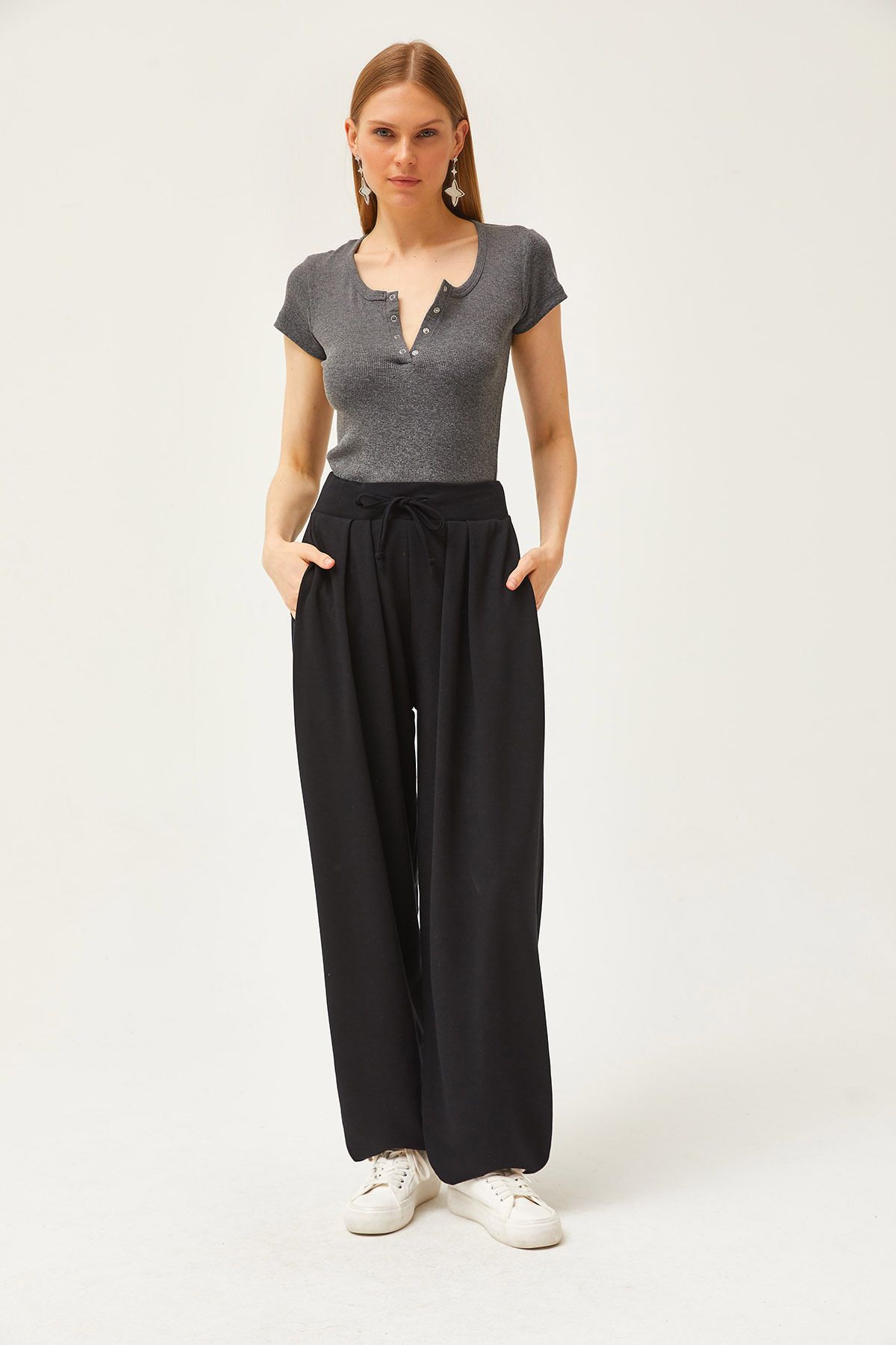 Olalook-Schwarze, weich strukturierte, fließende Baggy-Hose mit Schnürung für Damen PNT-19000273 2